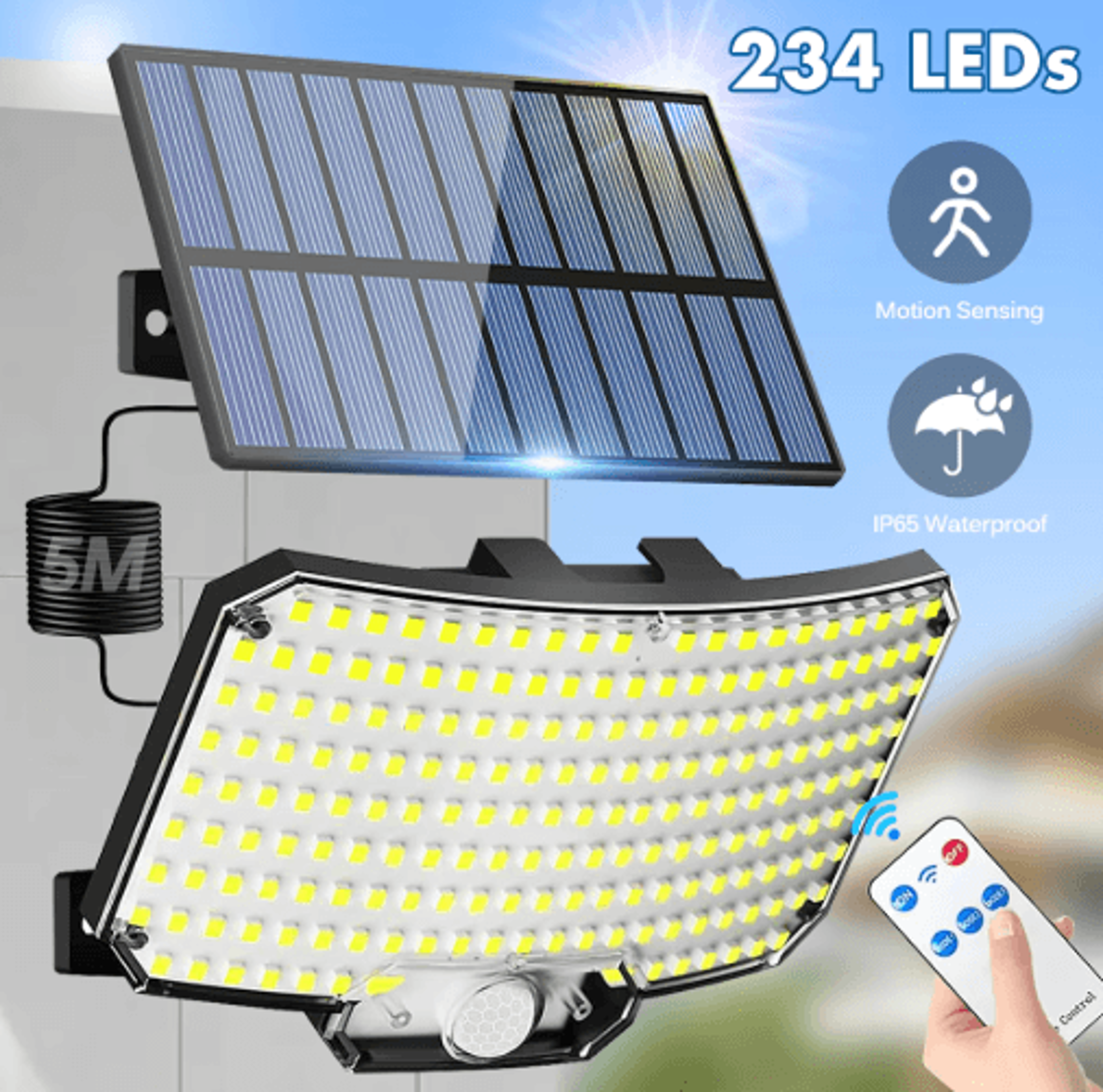 234-led solar motion sensor flood light – ip65 waterproof outdoor security light with remote & 3 modes