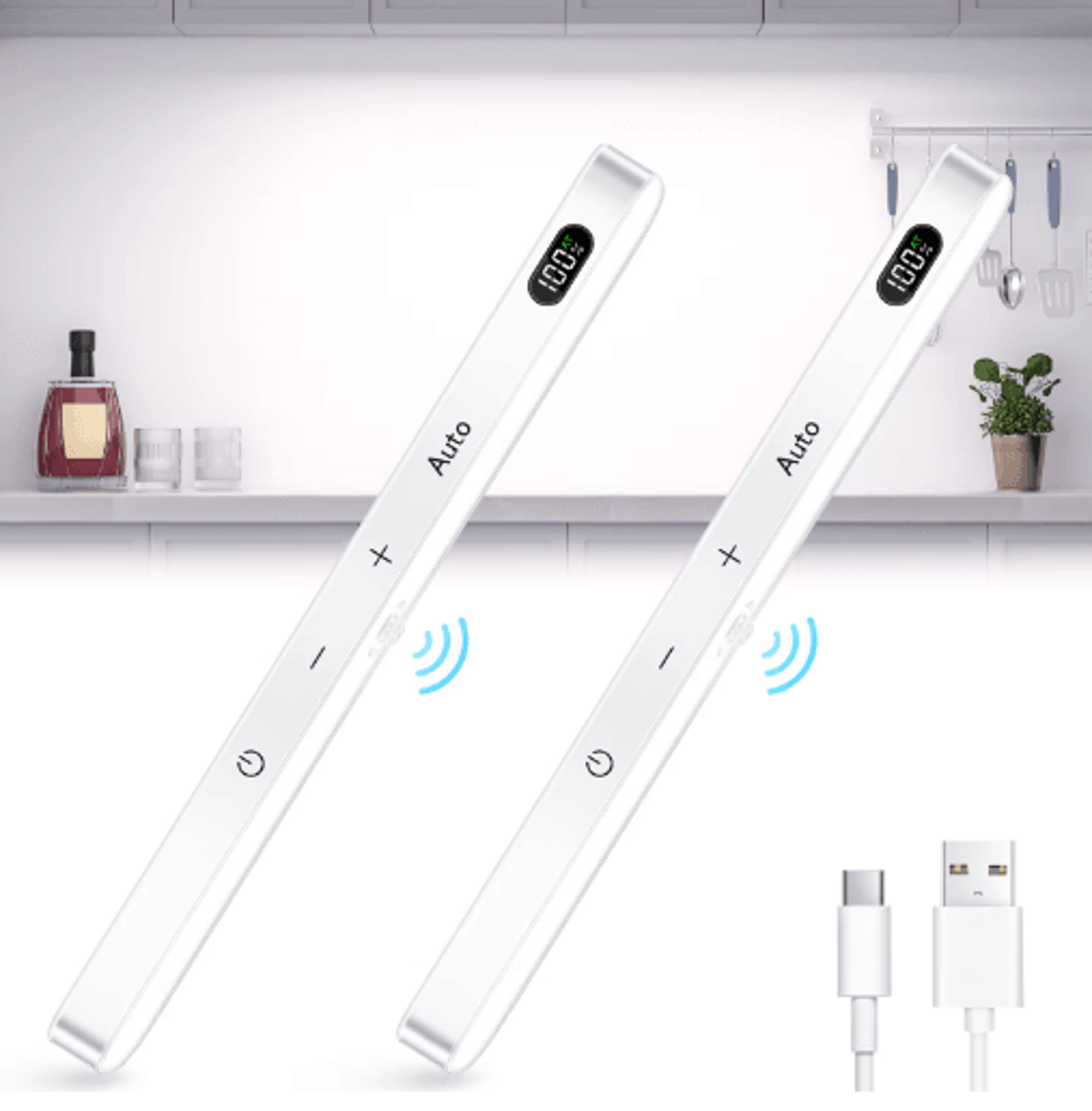 willed 60-led rechargeable under cabinet light – motion sensor touch light bar with battery display