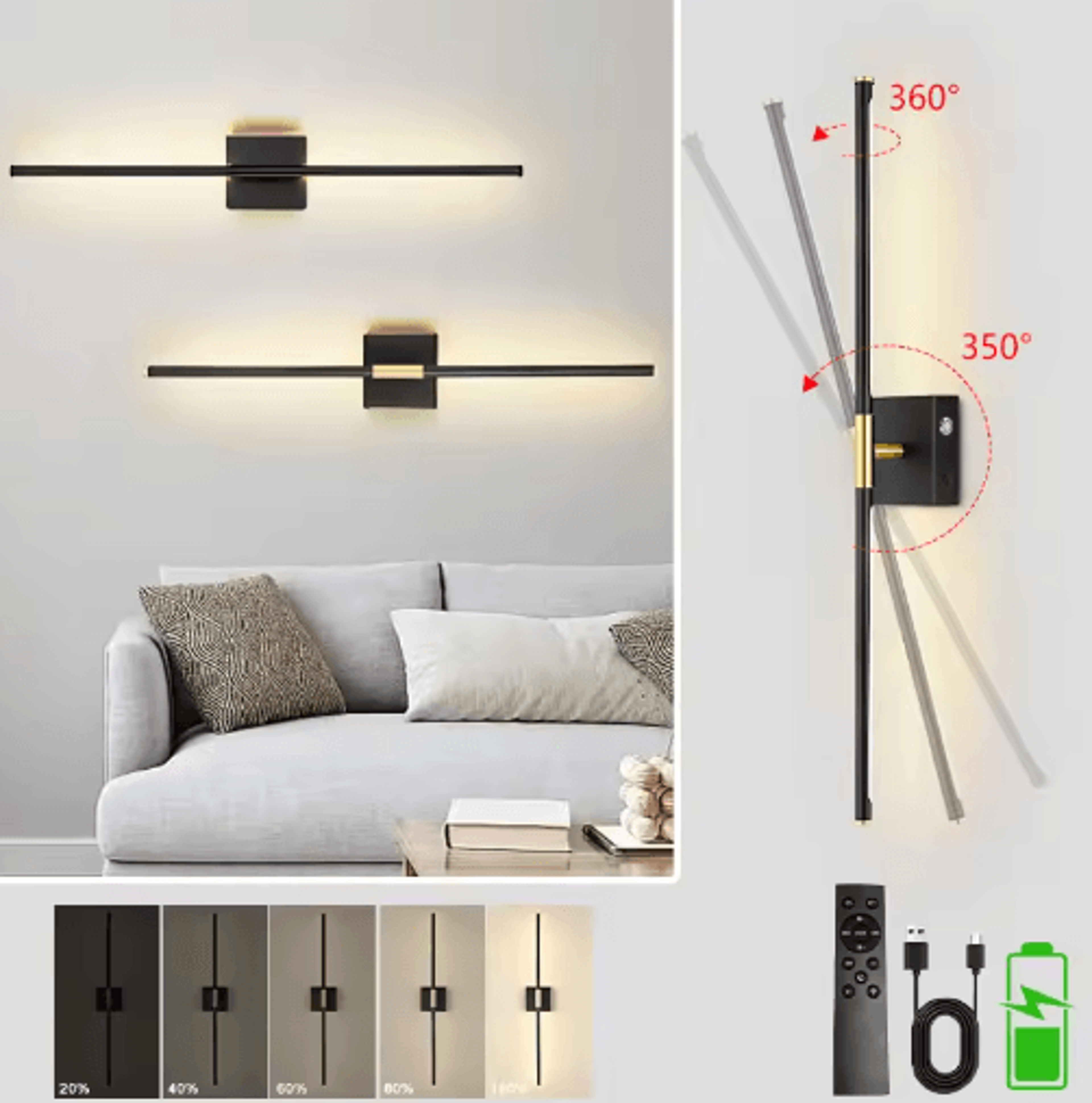 350° rotatable rechargeable led wall lamp – wireless dimmable sconce with remote & touch control