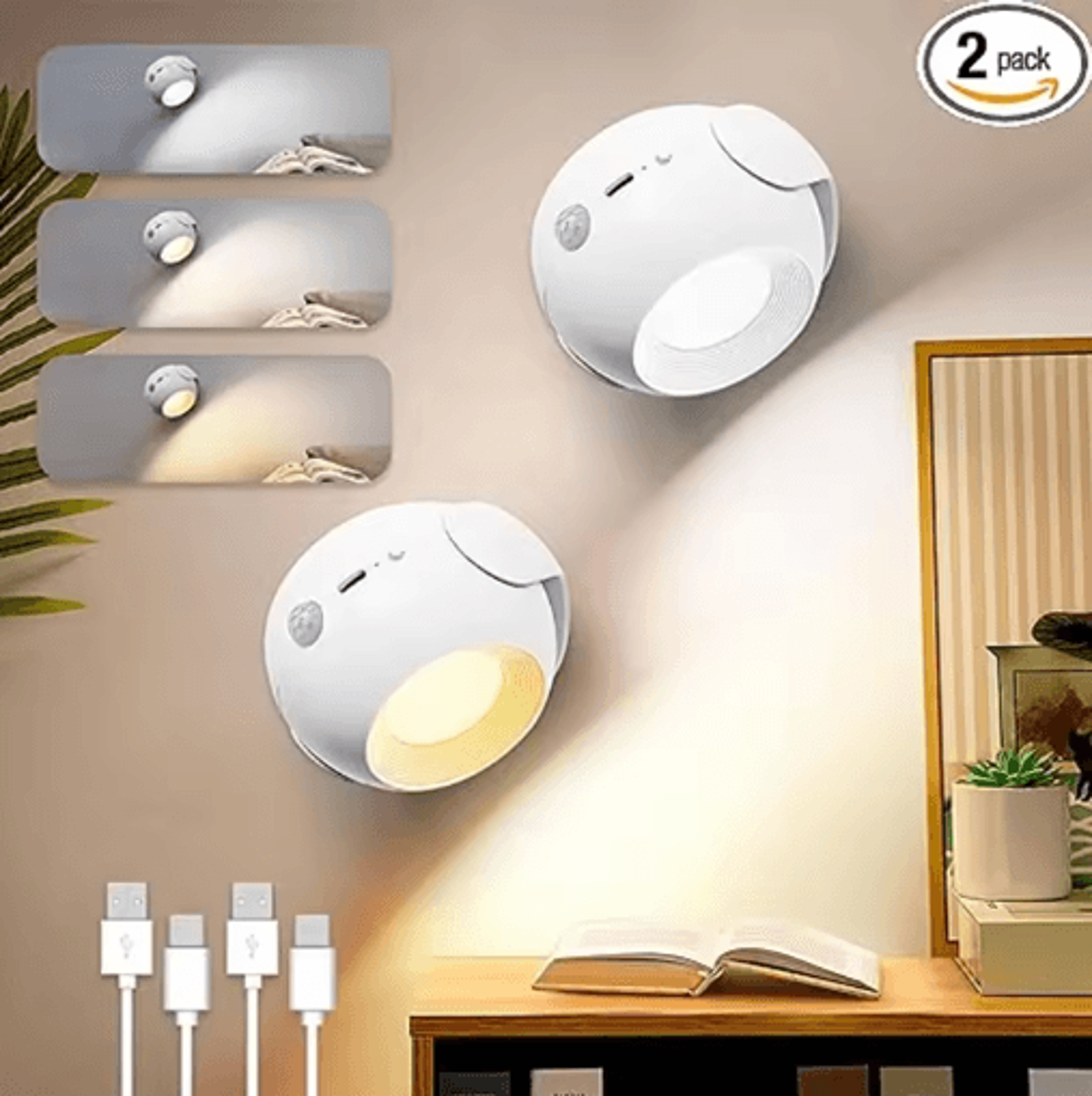 360° rotating led motion sensor wall lamp – usb rechargeable touch cordless reading night light