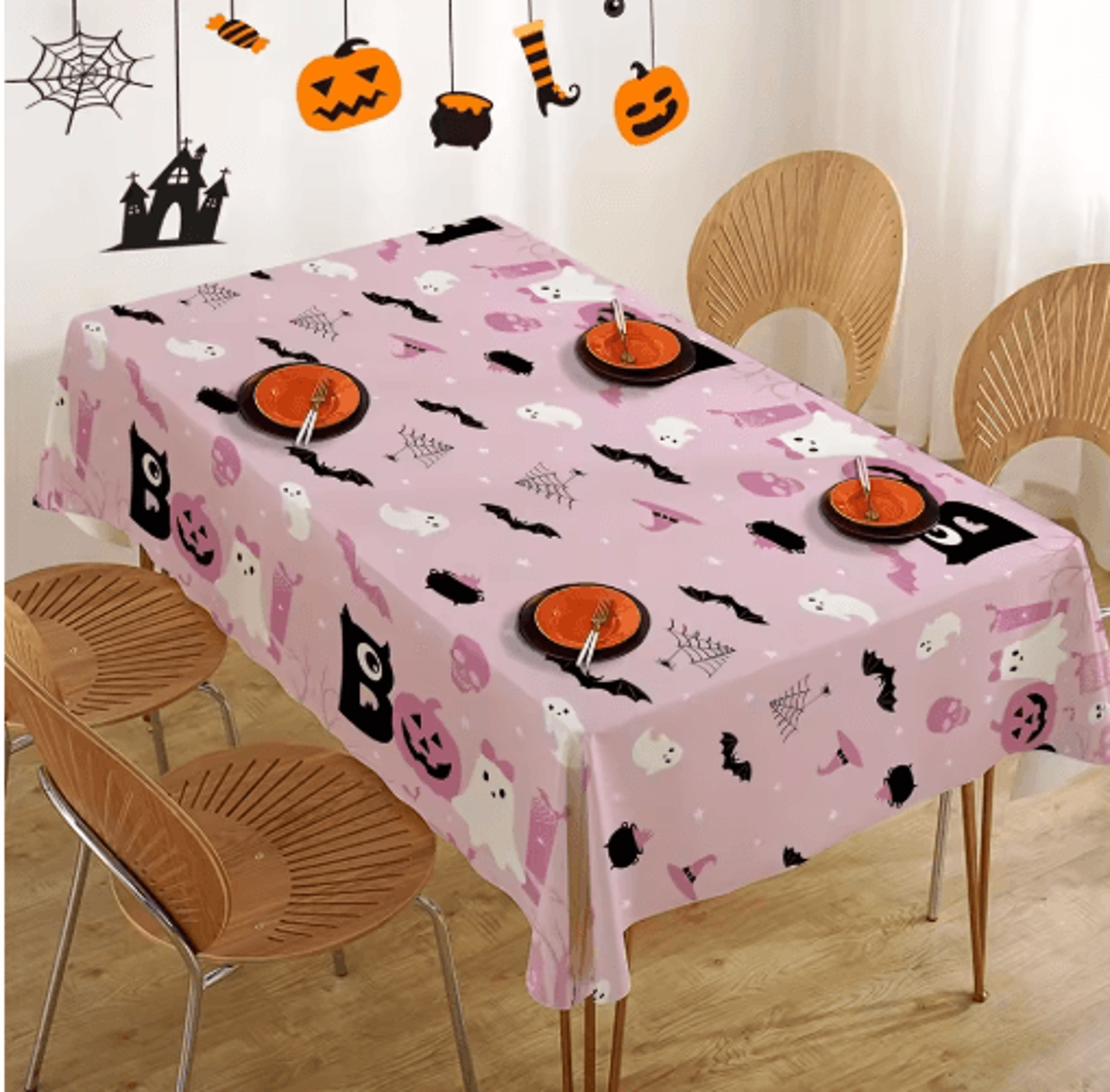 3-pack pink halloween tablecloths – little boo ghost & pumpkin plastic party table covers