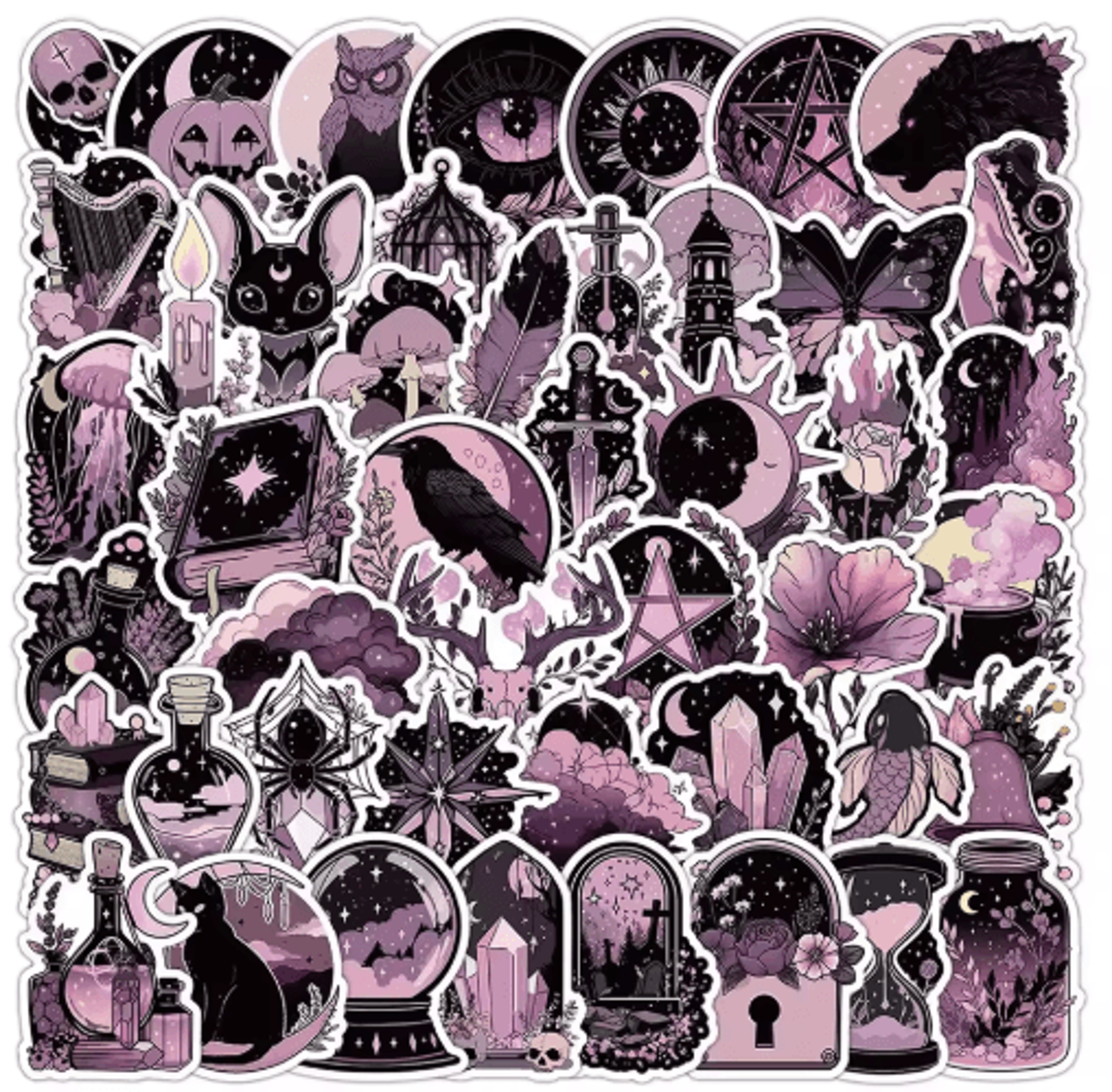 10/30/50-piece pink & black gothic sticker pack – cute astrology & halloween decals for laptop, phone & notebook