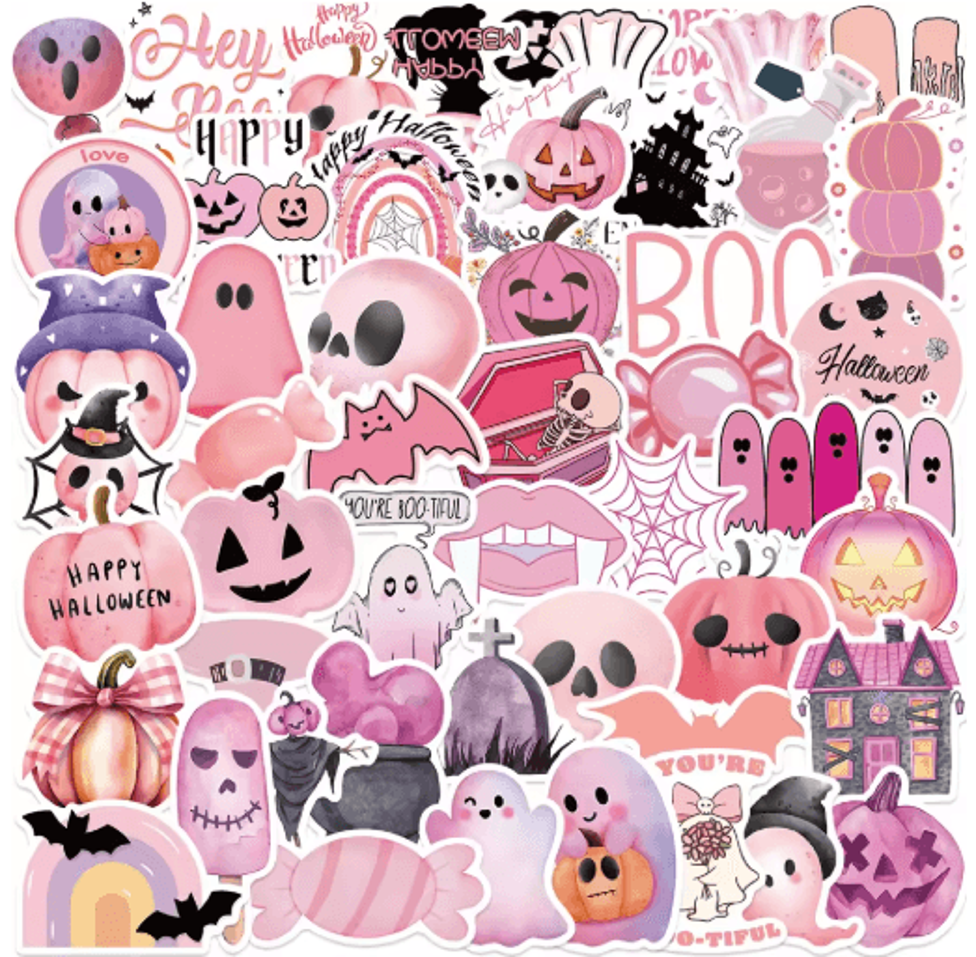 50-piece kawaii pink halloween sticker pack – cute ghost, skull & pumpkin waterproof decals