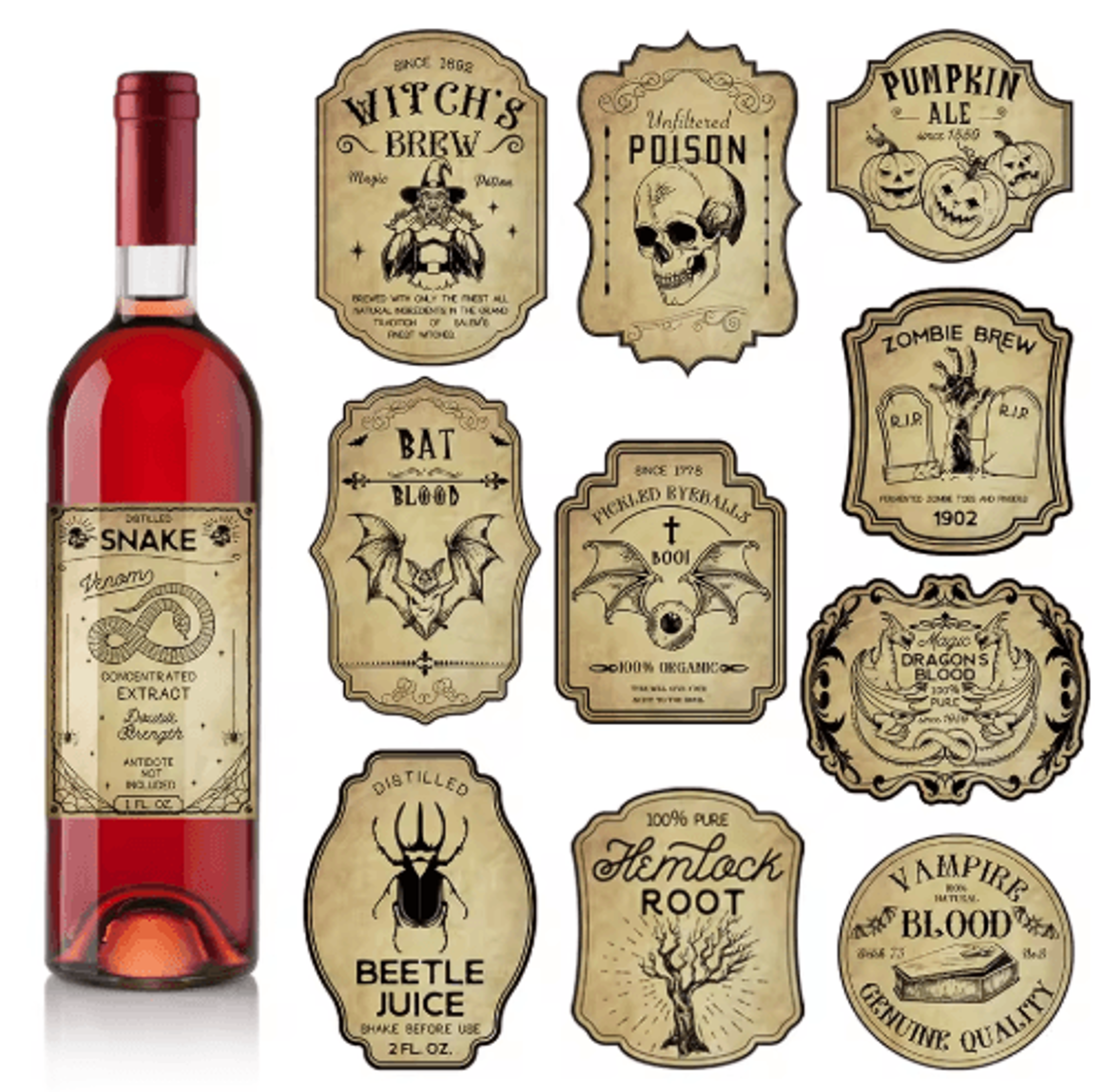 12/24-piece vintage halloween potion bottle labels – gothic witch horror wine bottle stickers