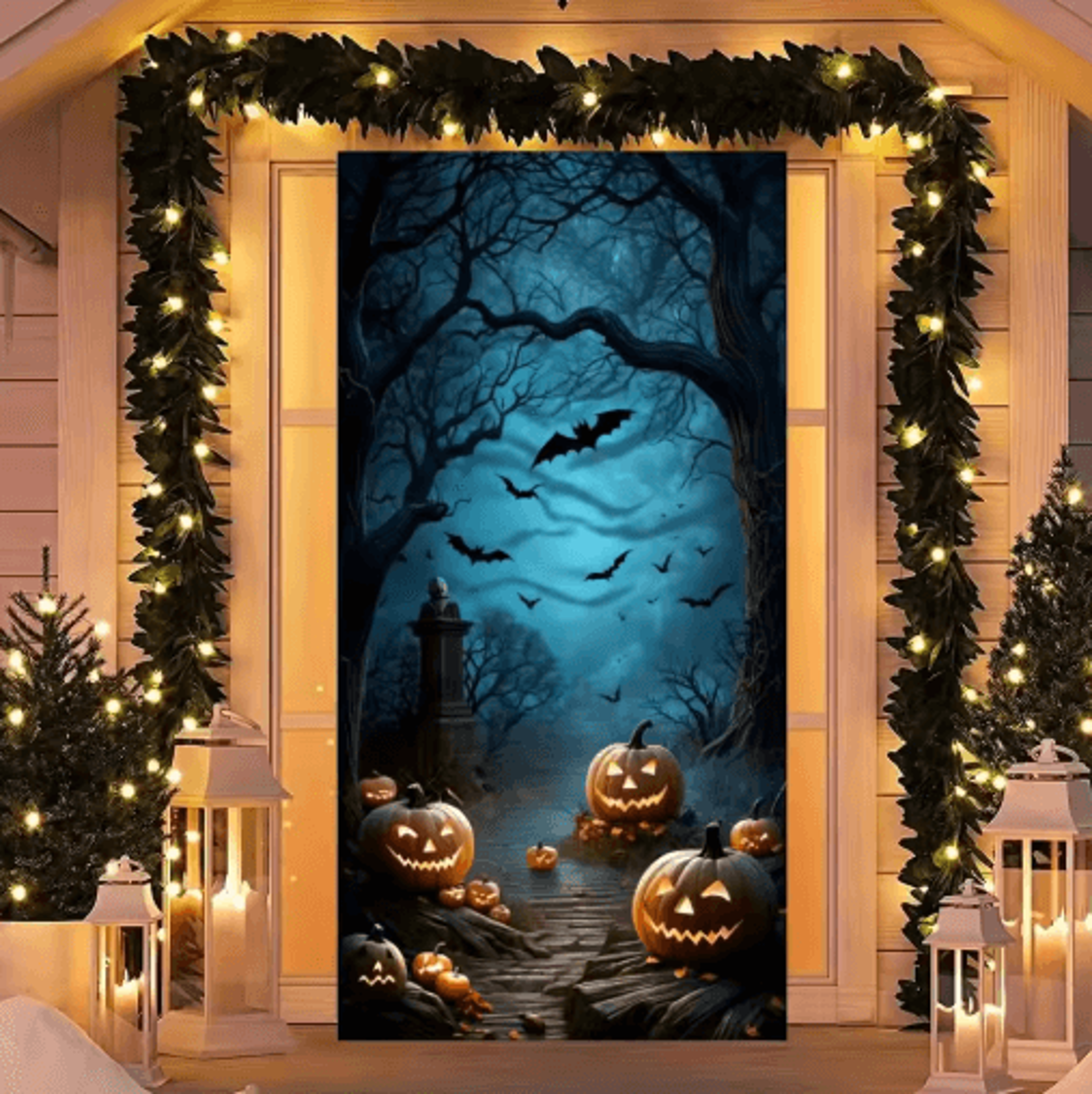 halloween horror door cover – moonlit cemetery, dead tree & pumpkin front door banner