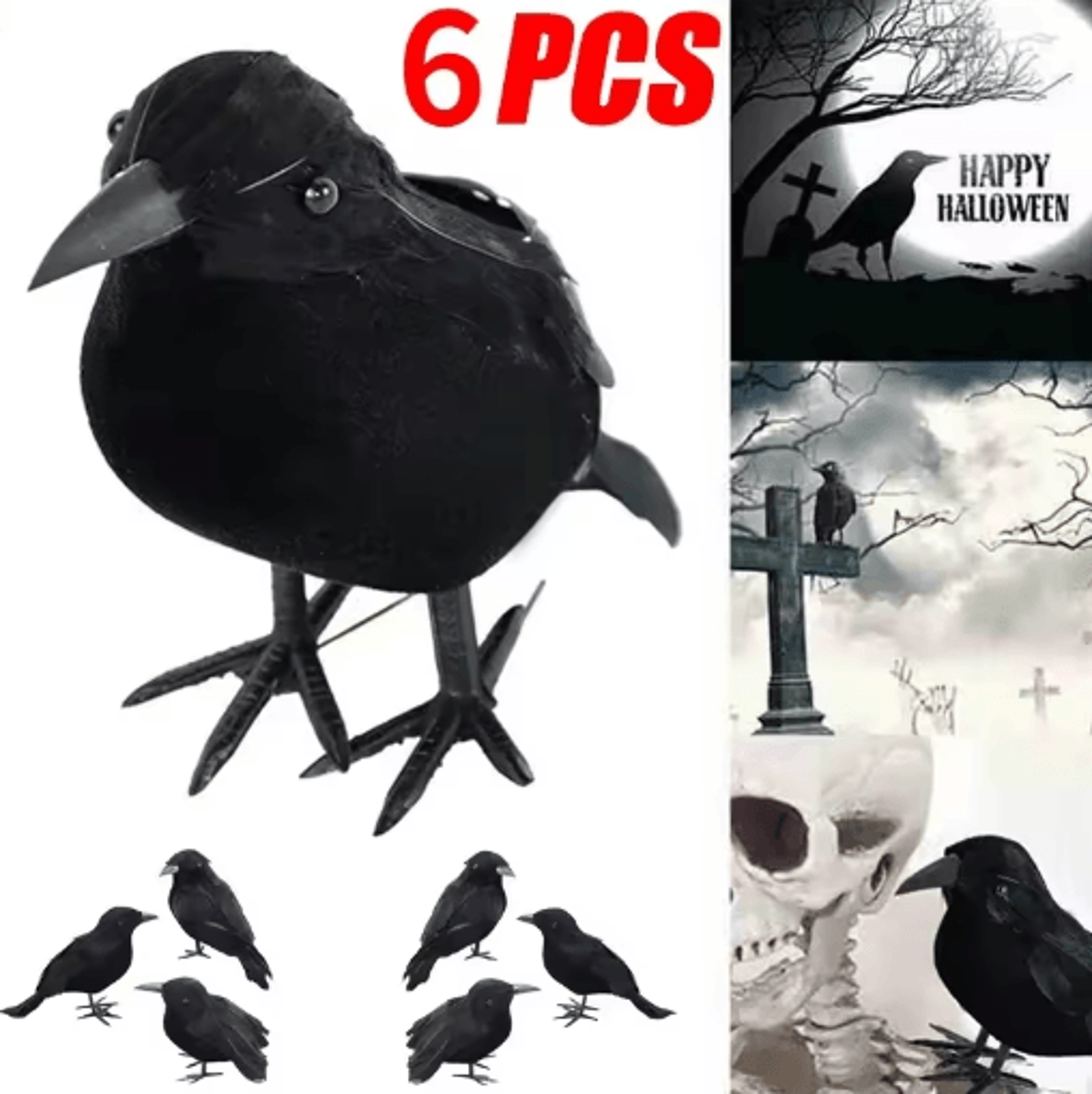6-piece realistic artificial black crows – halloween raven props for haunted house & party decor