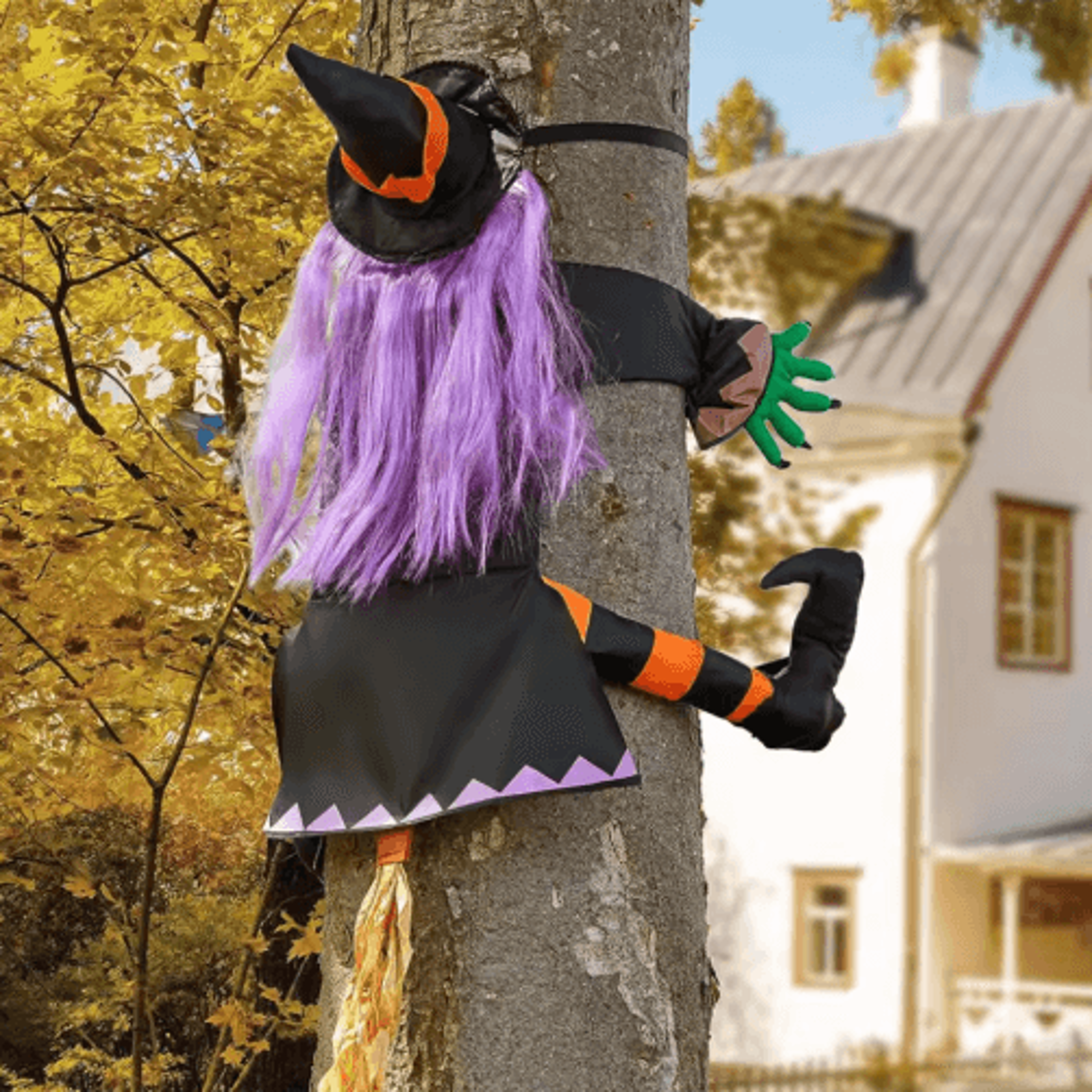crashing witch halloween outdoor decoration – flying witch tree pendant for yard, lawn, patio & porch