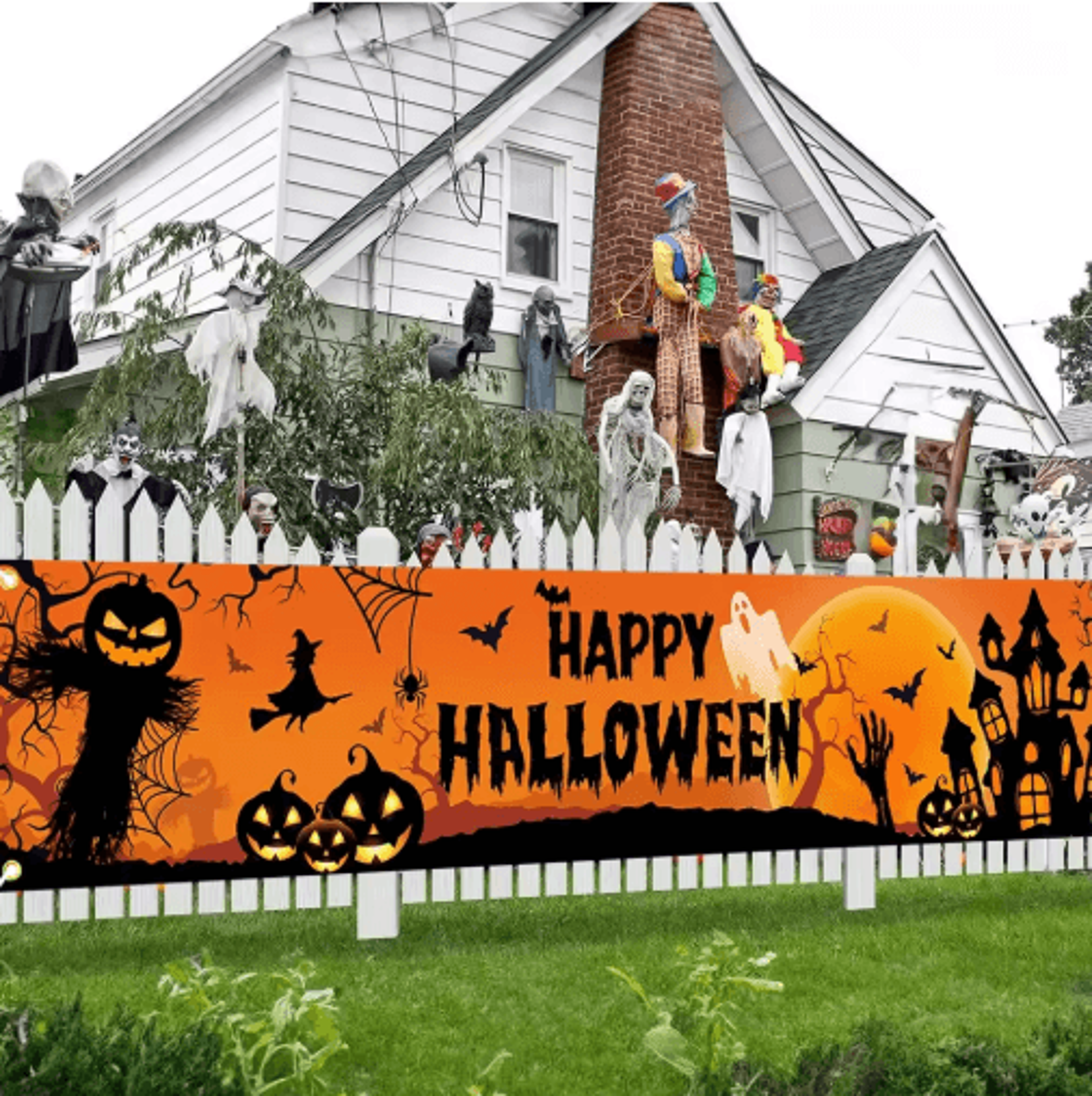 happy halloween outdoor banner – pumpkin & bat horror party backdrop for home decor