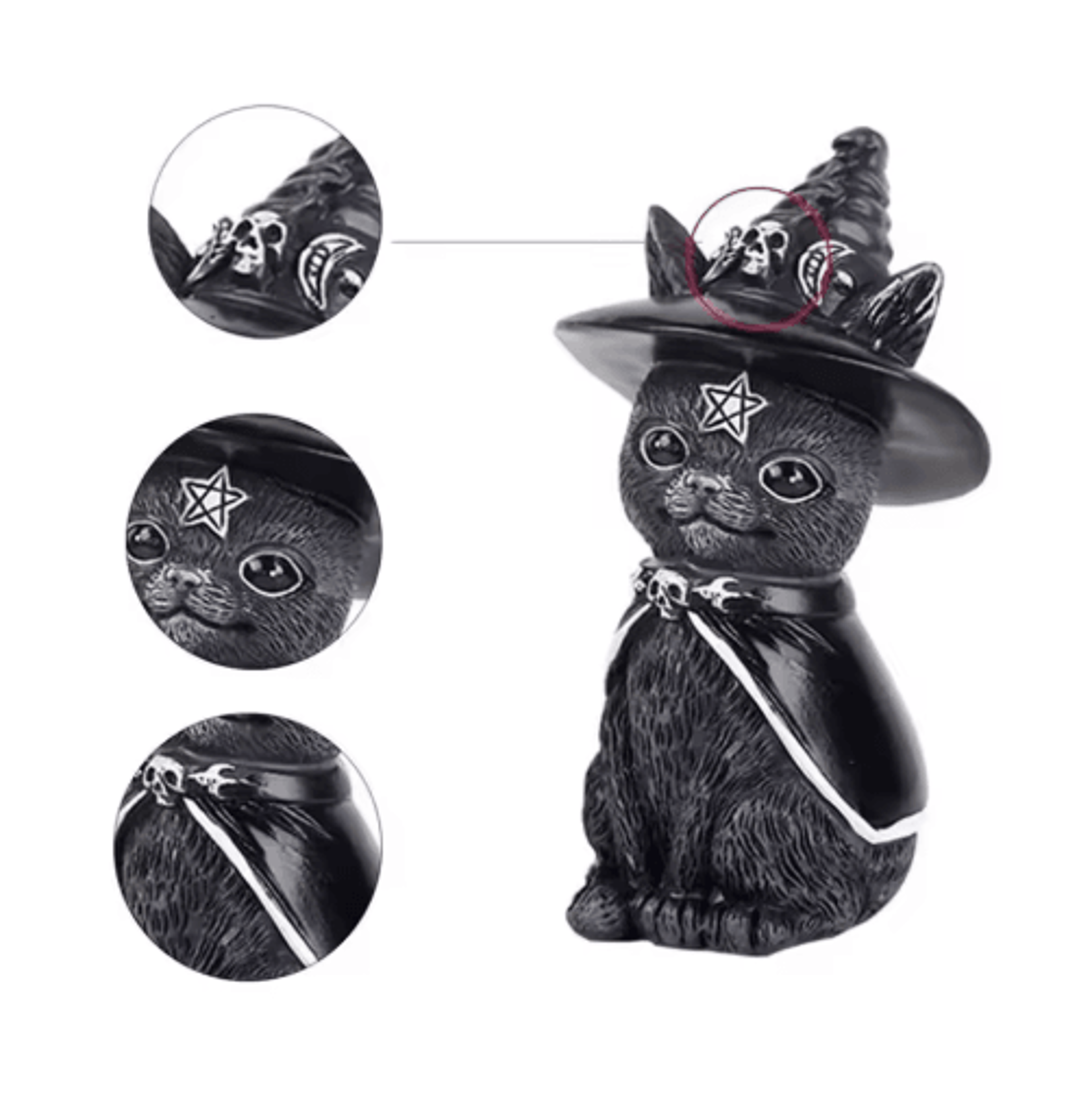 black witch cat statue – hand-painted halloween figurine for desk, shelf & gothic home decor