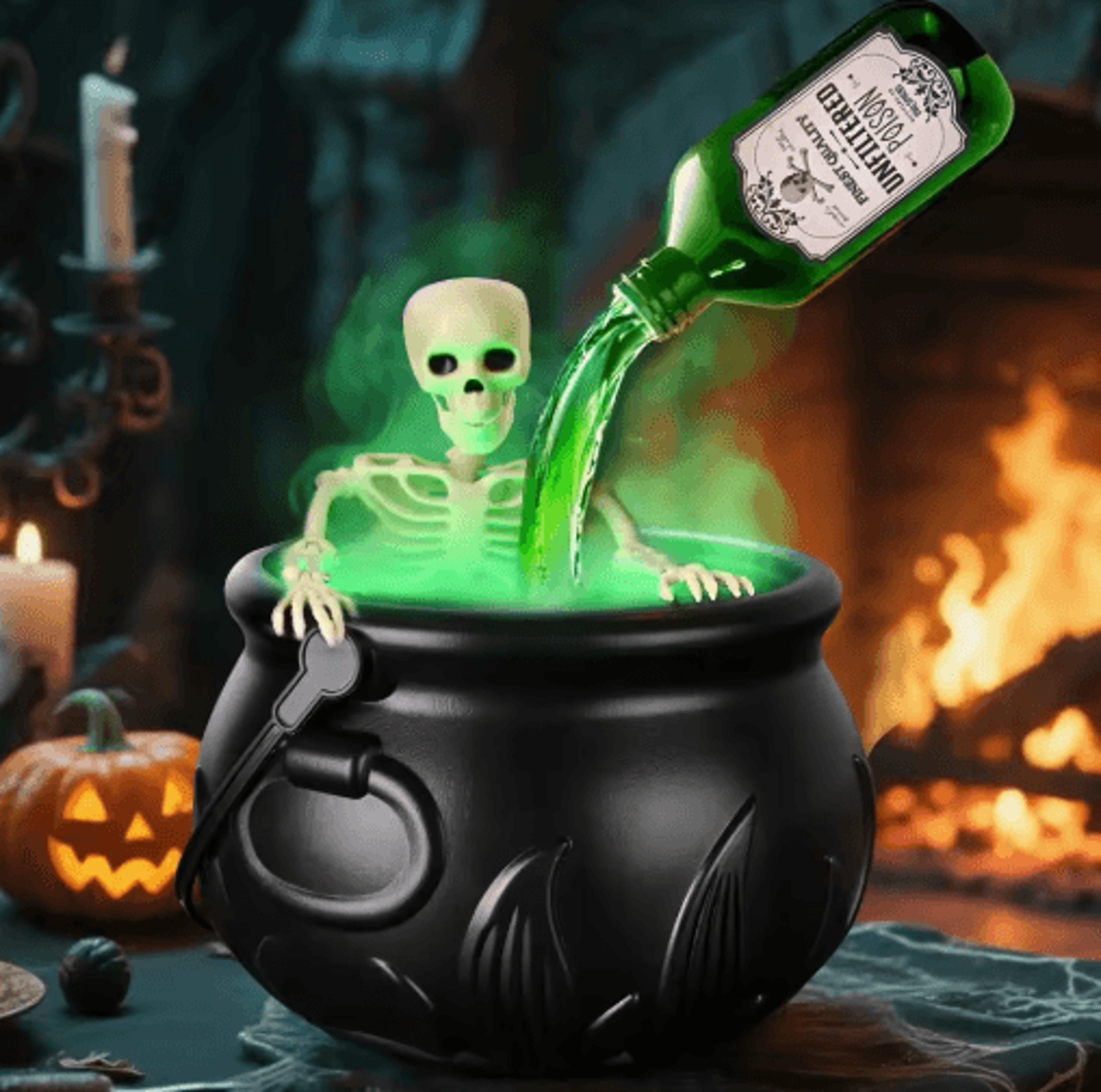 led witch cauldron with fog mist maker – light-up skeleton halloween party & home decoration