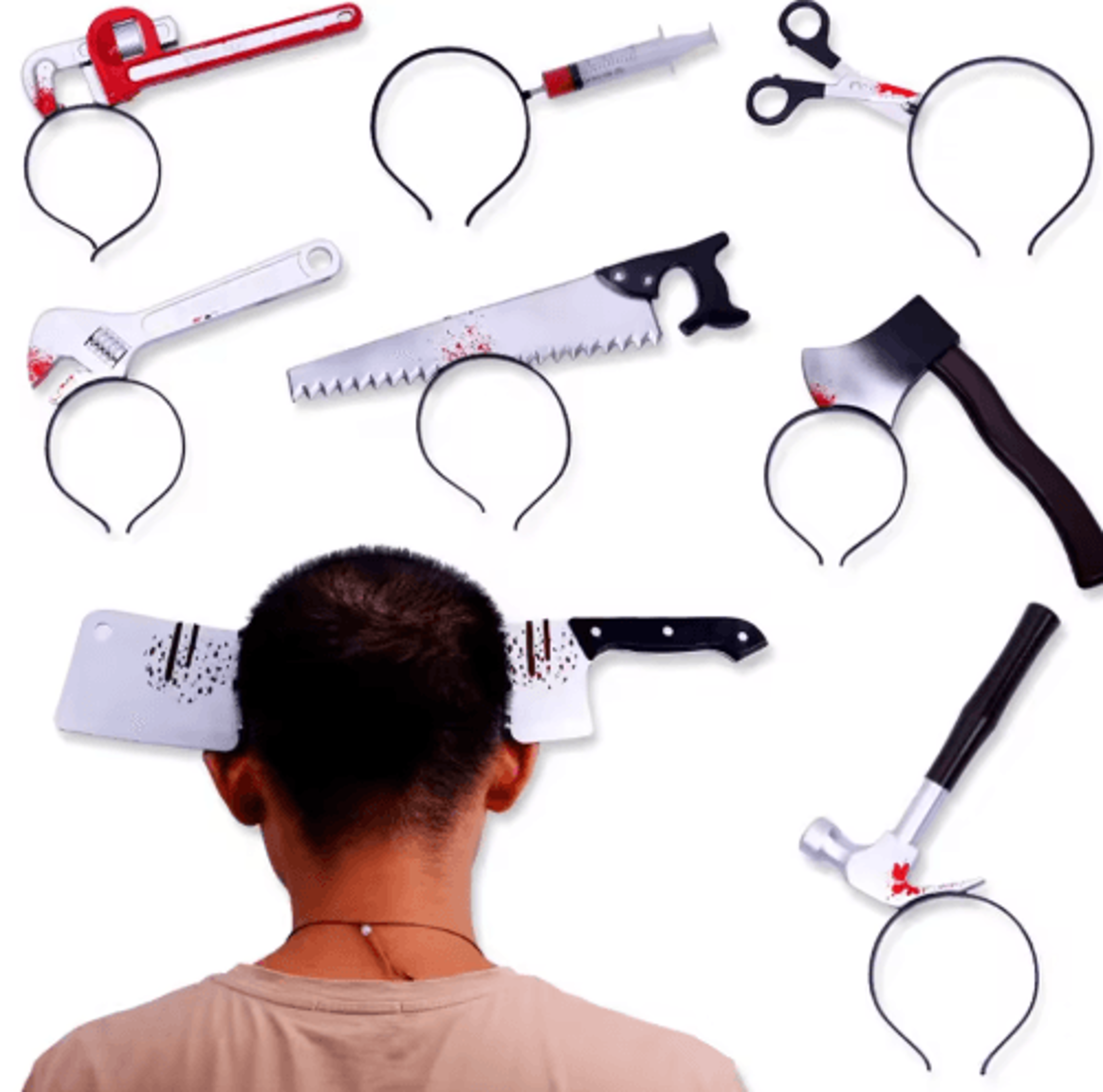 halloween fake bloody weapon headband – horror axe, saw & knife costume prop for masquerade parties
