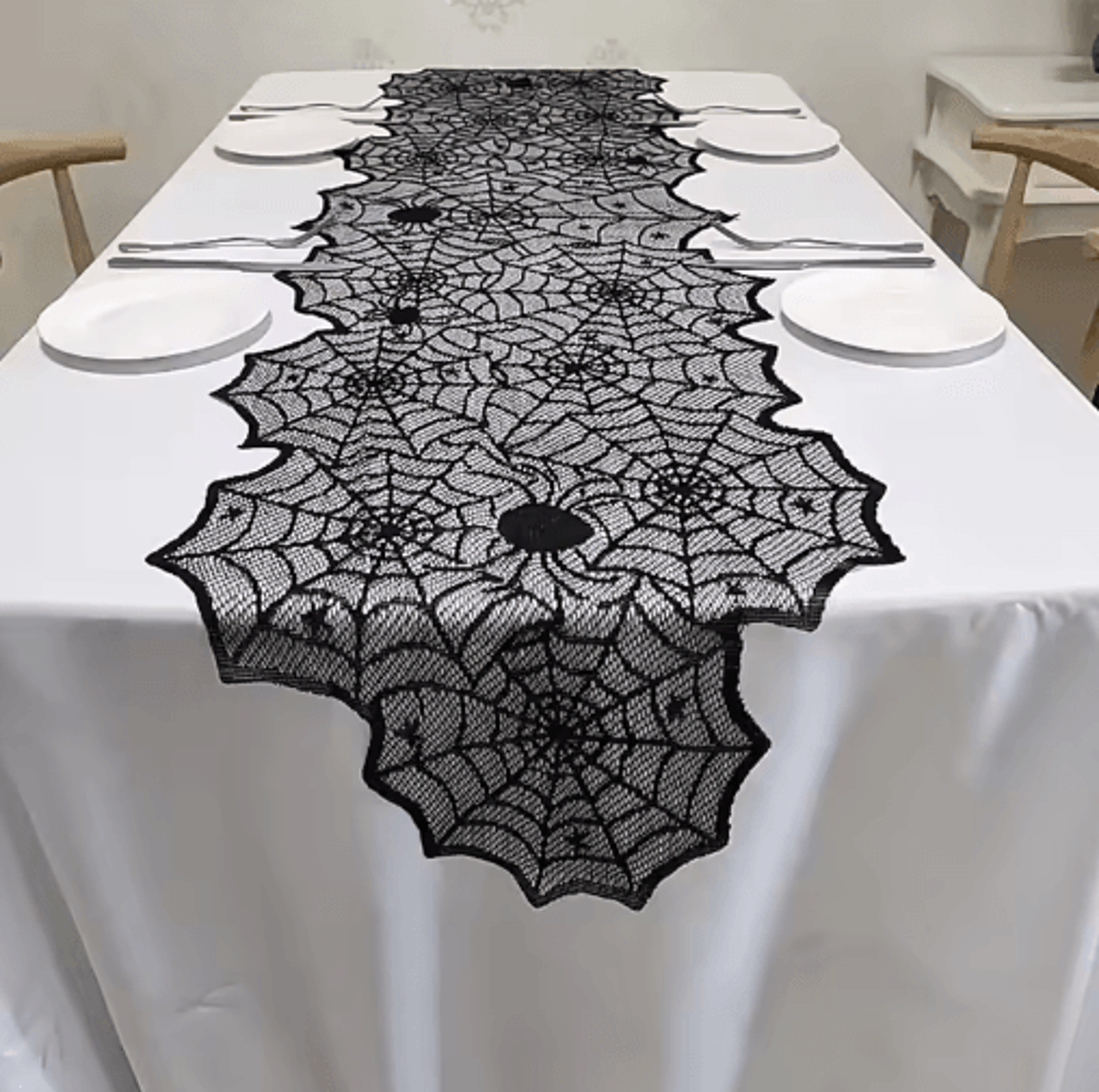 black lace spider web & skull halloween tablecloth – skeleton fireplace mantel scarf & party decor