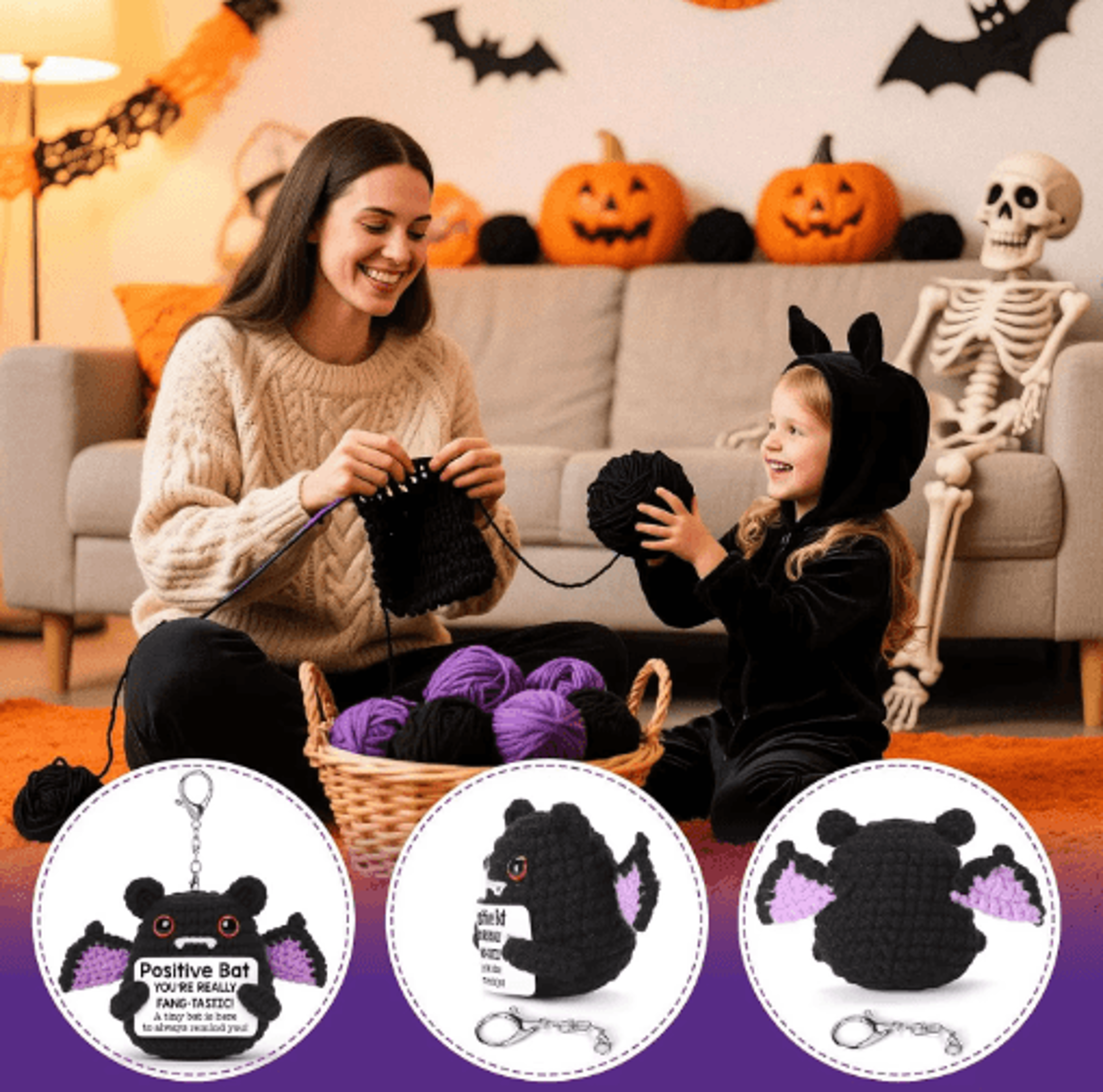 handmade positive bat doll with message card – knitted halloween bat ornament & cute room decor gift