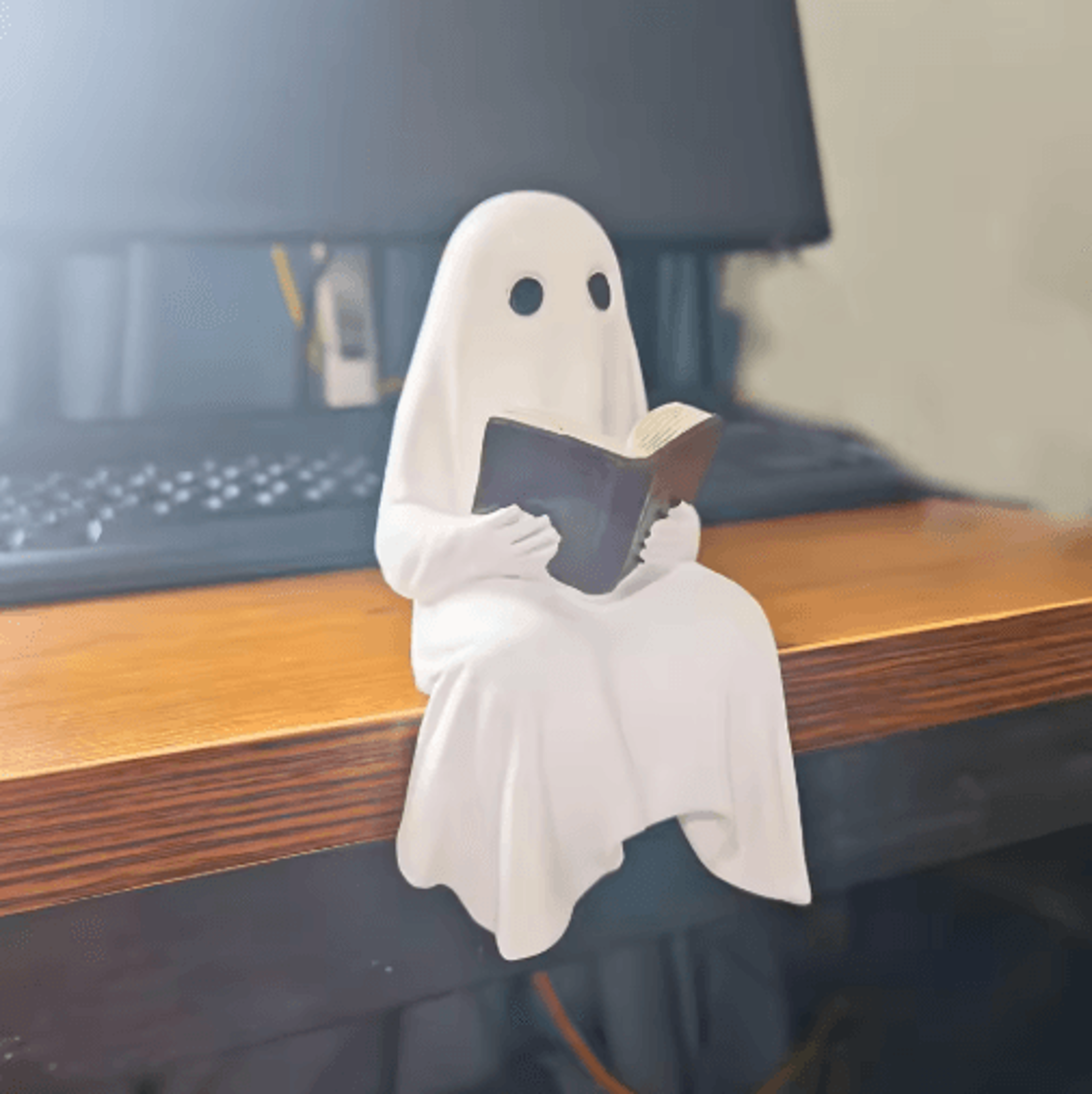 reading ghost statue – cute resin halloween book lover figurine for home, office & shelf decor