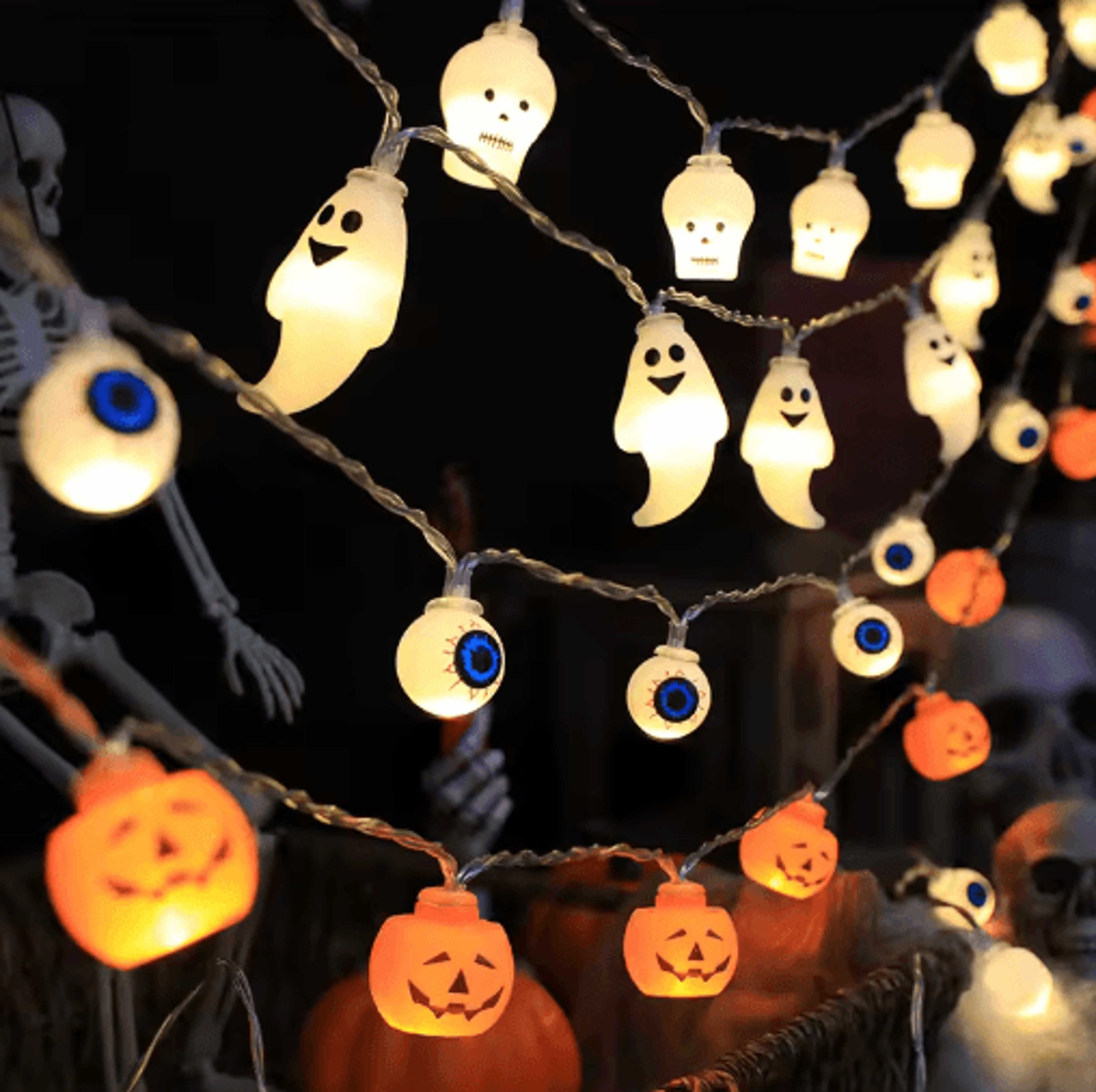 halloween led string lights – pumpkin, skull & eyeball trick-or-treat lantern garland
