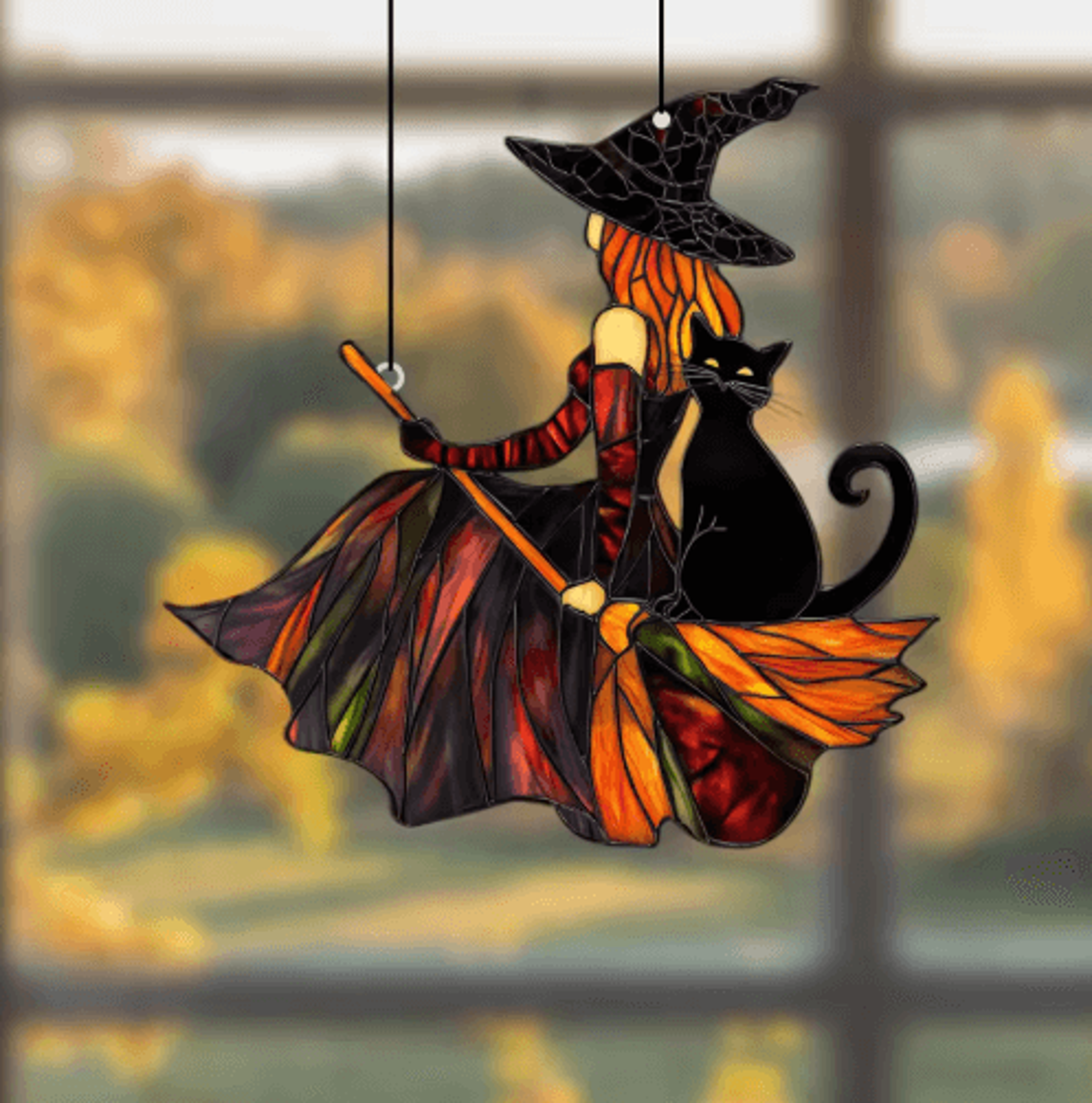 gothic witch & black cat acrylic suncatcher – halloween window hanging ornament with broom design