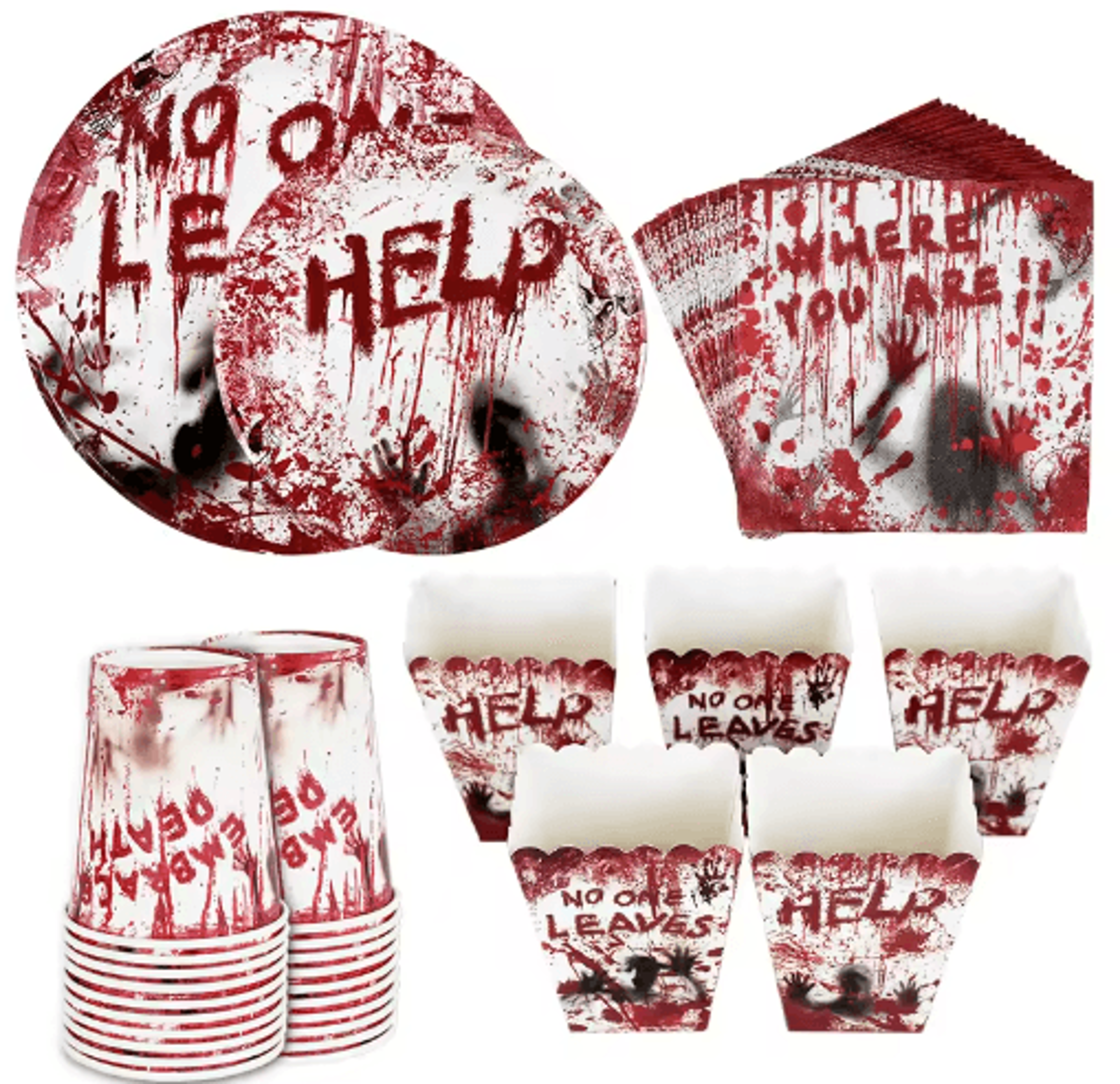 bloody handprint halloween party tableware – disposable paper plates, cups & popcorn boxes for horror parties