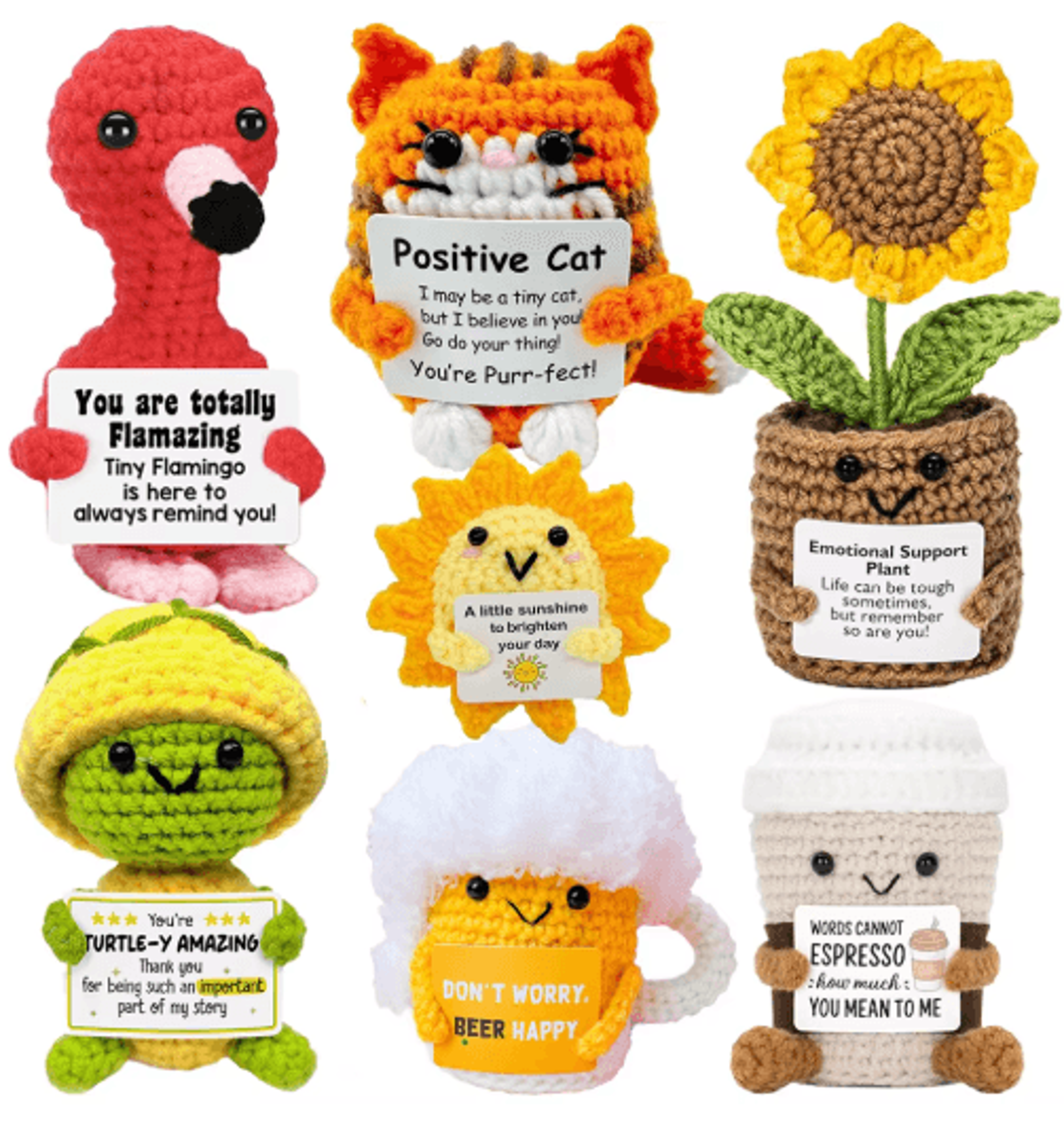 positive energy pocket hug crochet doll – mini handmade knitted plush with encouragement card