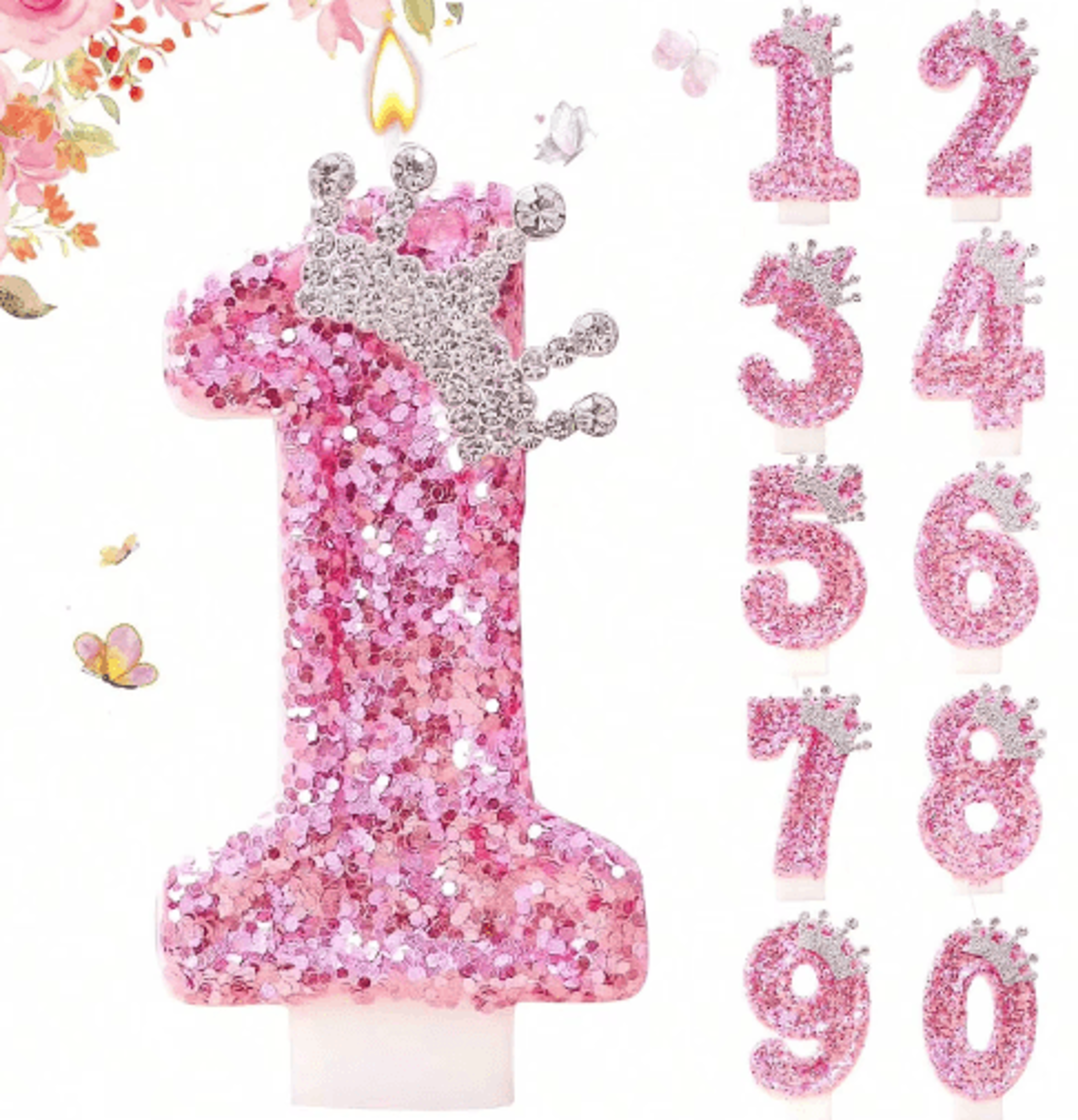 pink princess crown number candle – birthday cake numeral topper