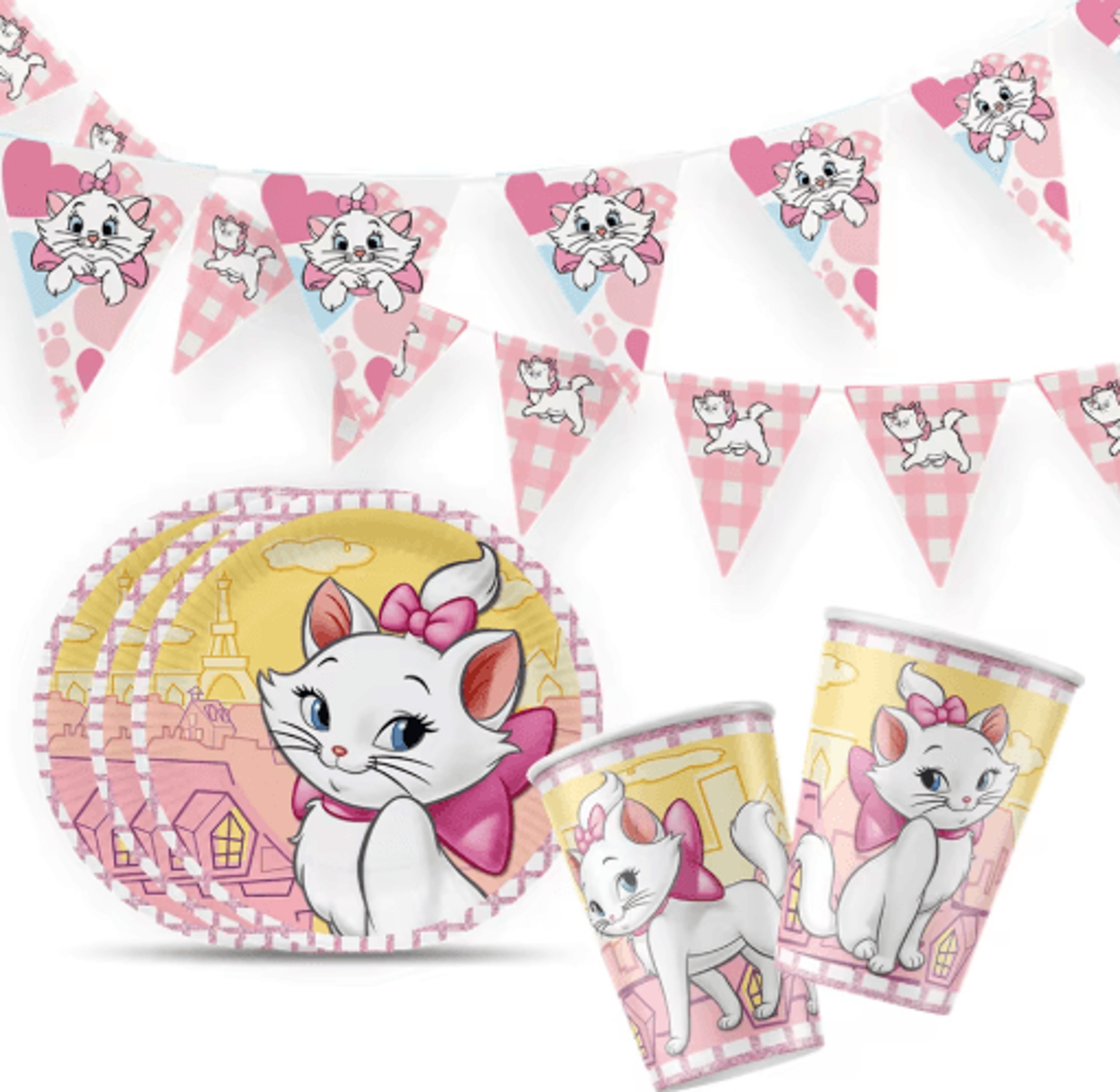 pink marie cat birthday party supplies – balloon, cups & plates set