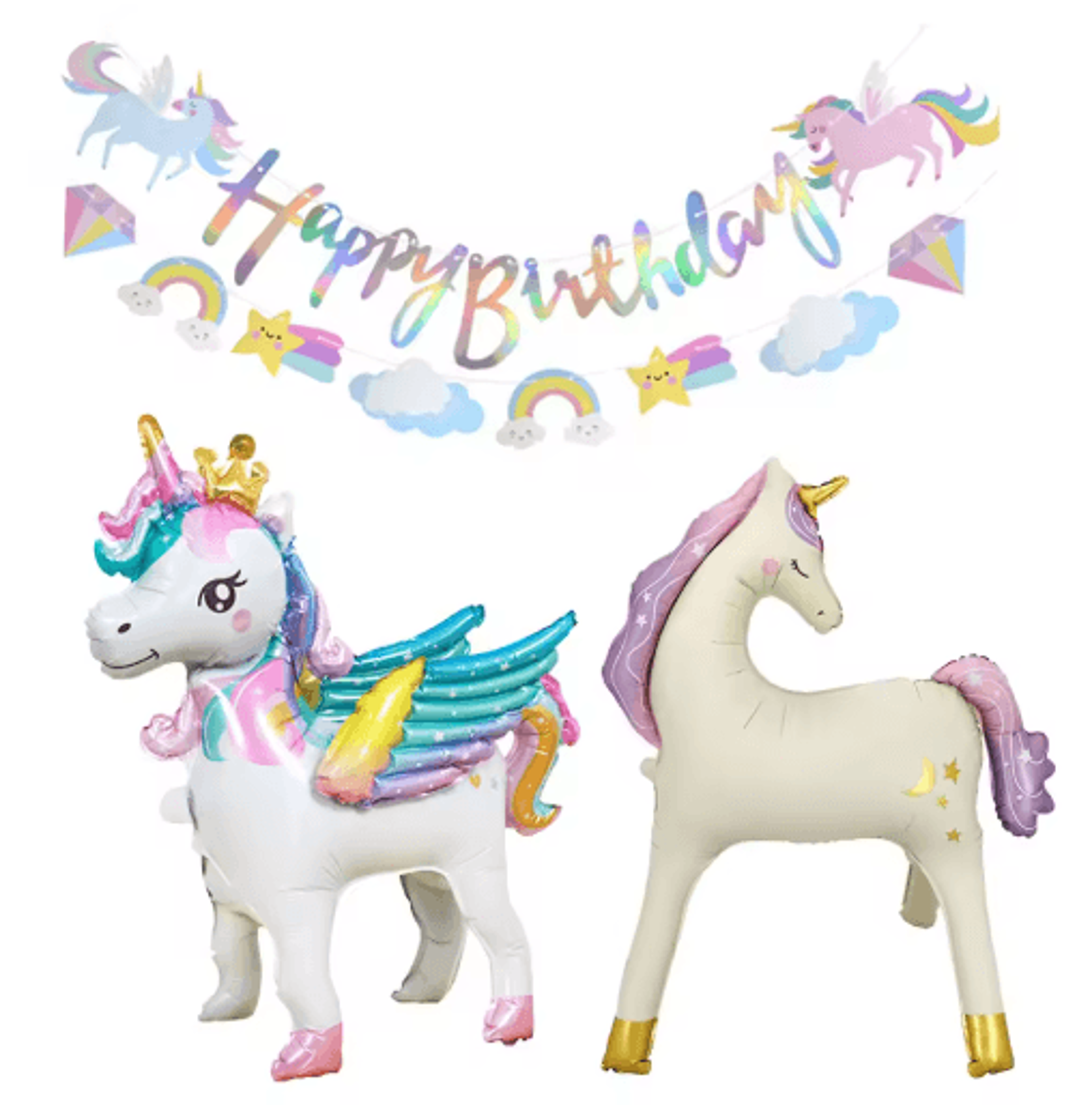 unicorn birthday party decorations with banner garland and standing balloon
