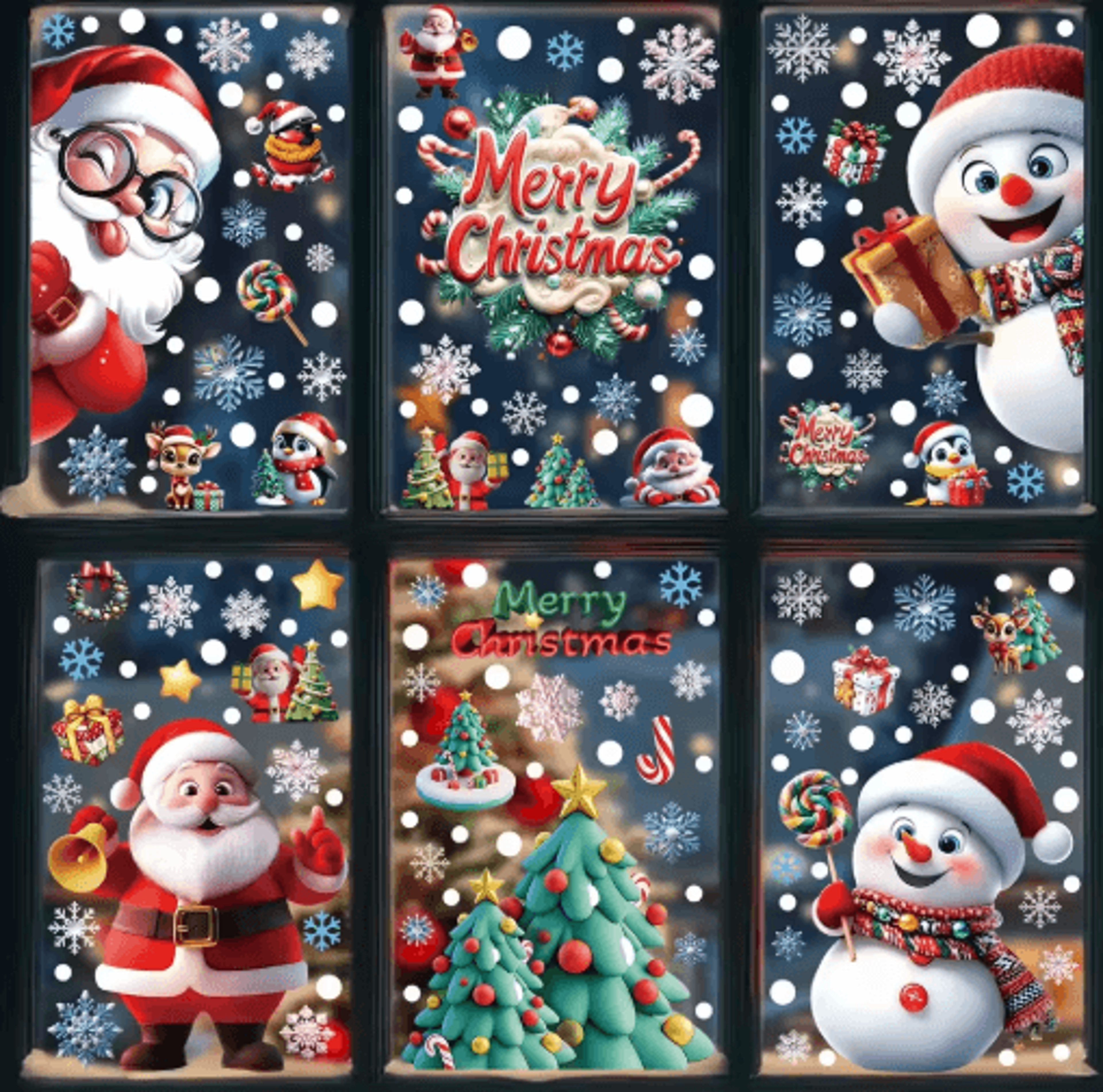 christmas window clings with santa, snowman and gingerbread designs