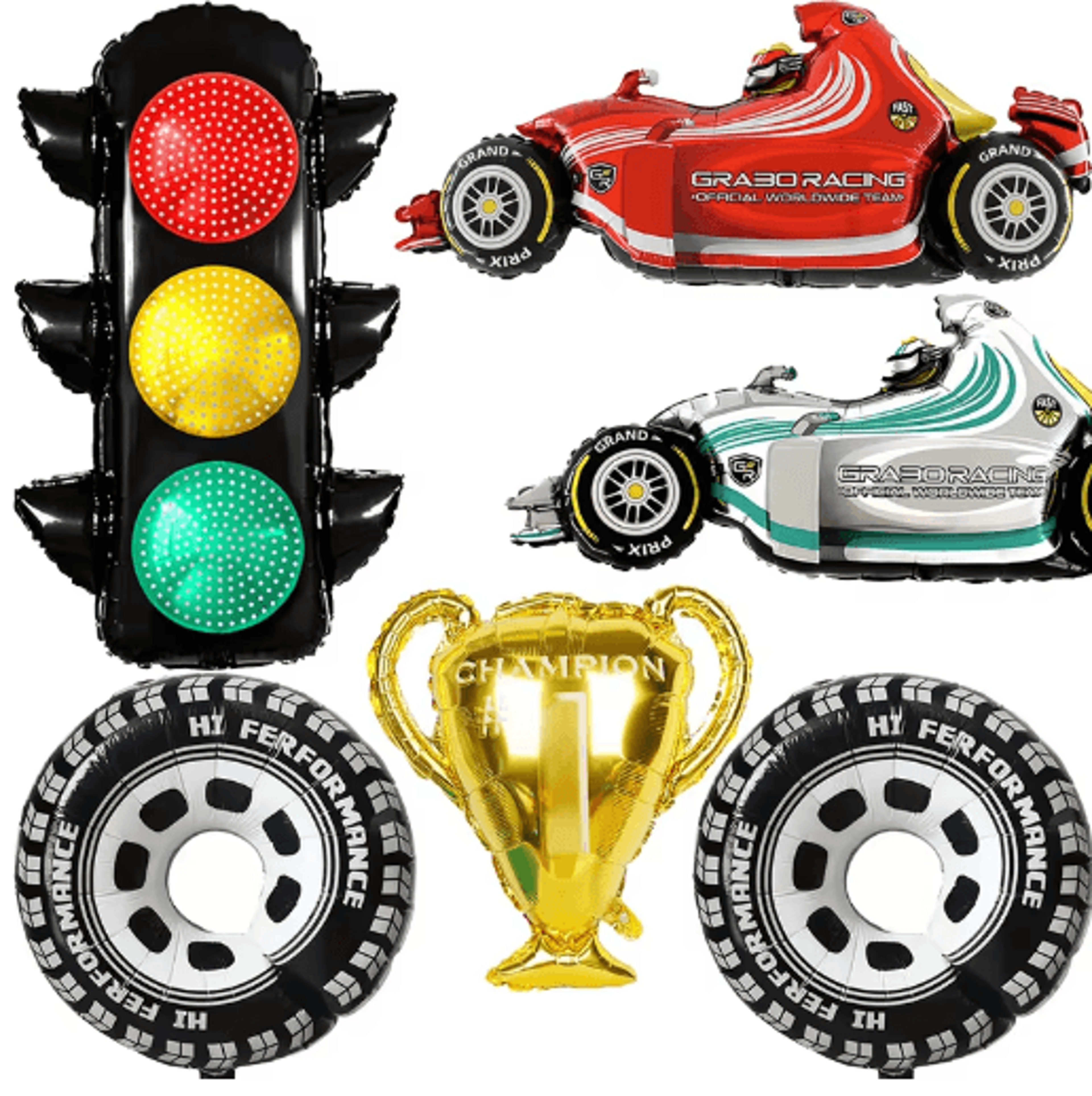 race car foil balloons with traffic light and tire designs
