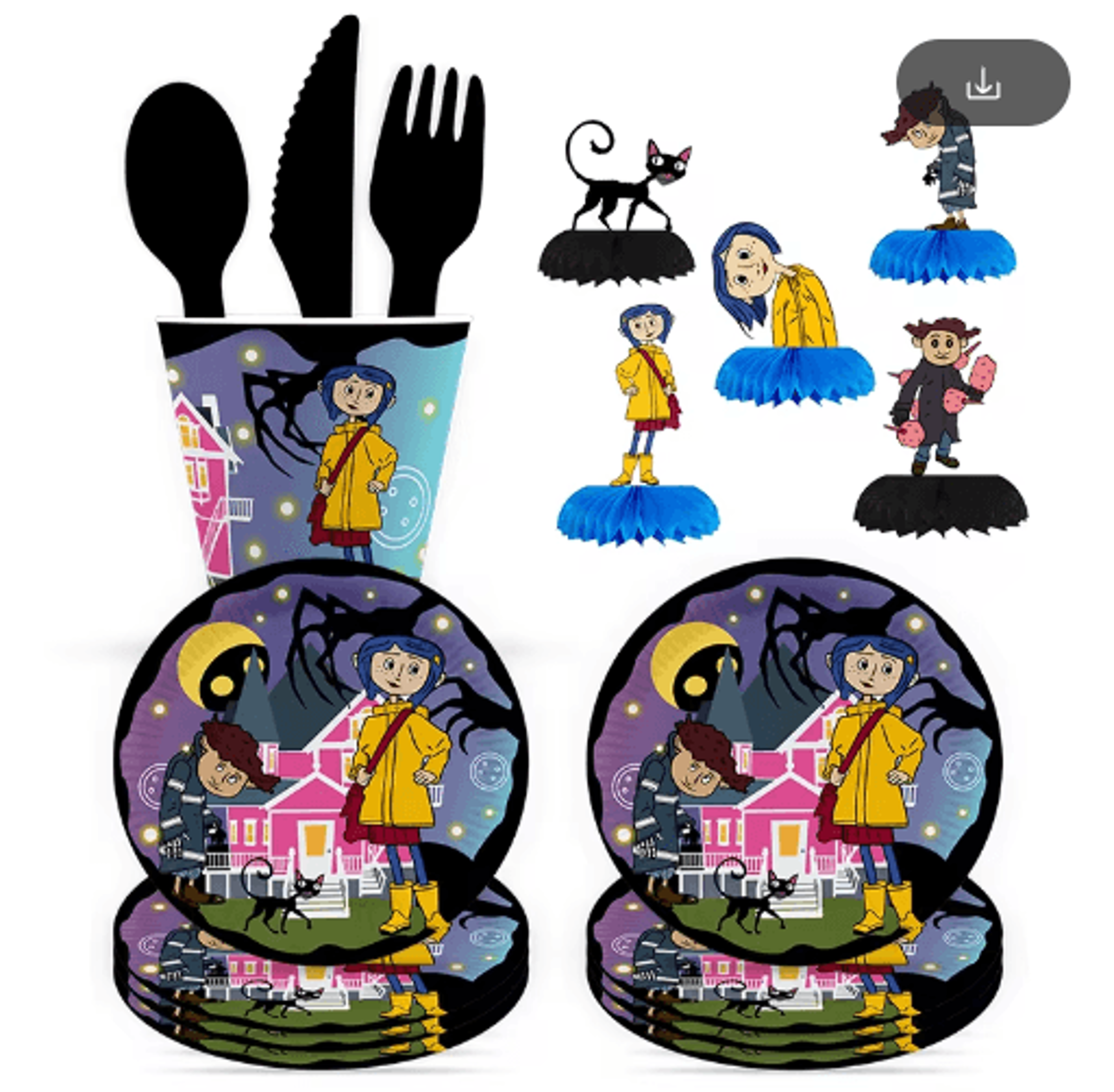 coraline-inspired cartoon party supplies for kids birthday decor