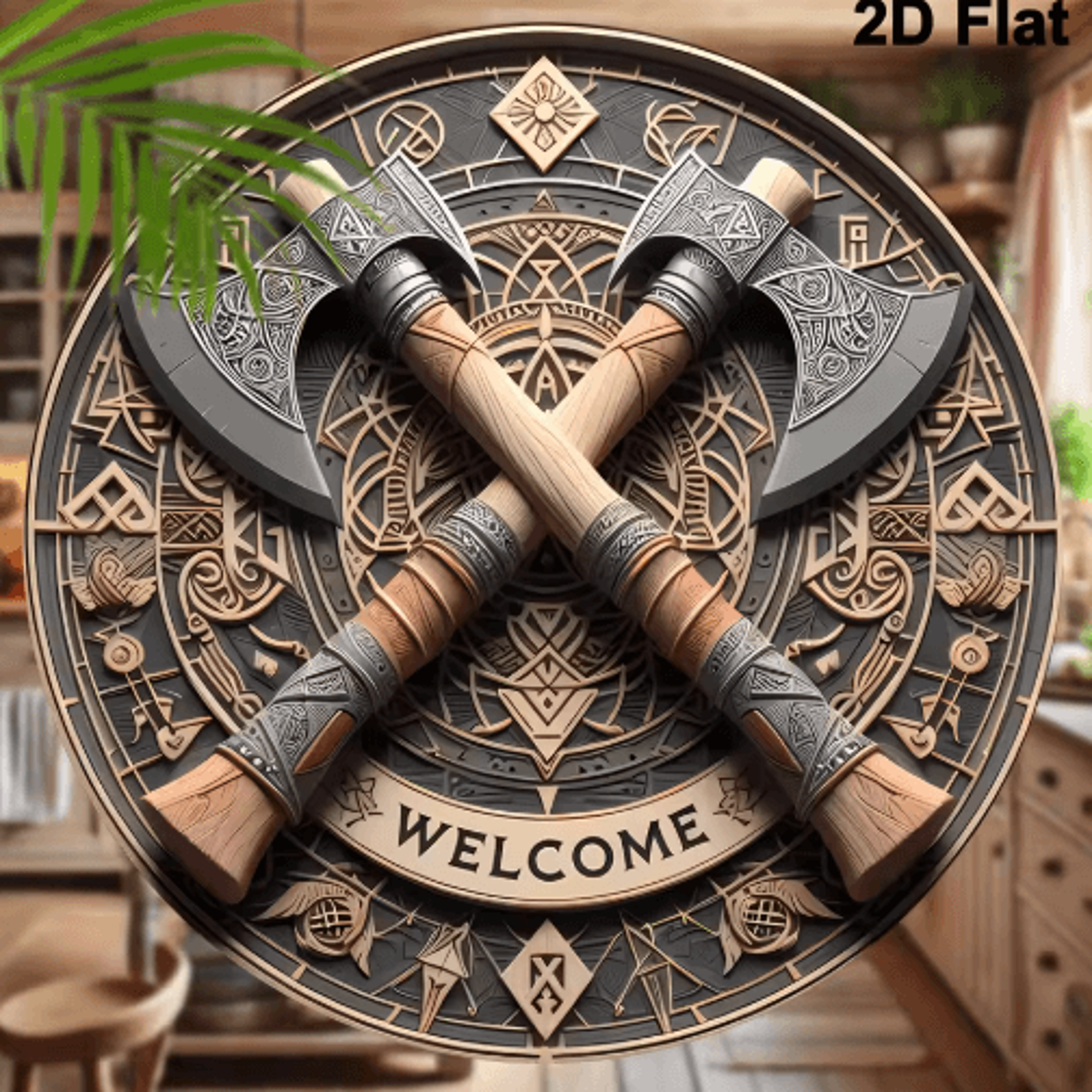 8-inch viking axe welcome sign round wooden wall decor