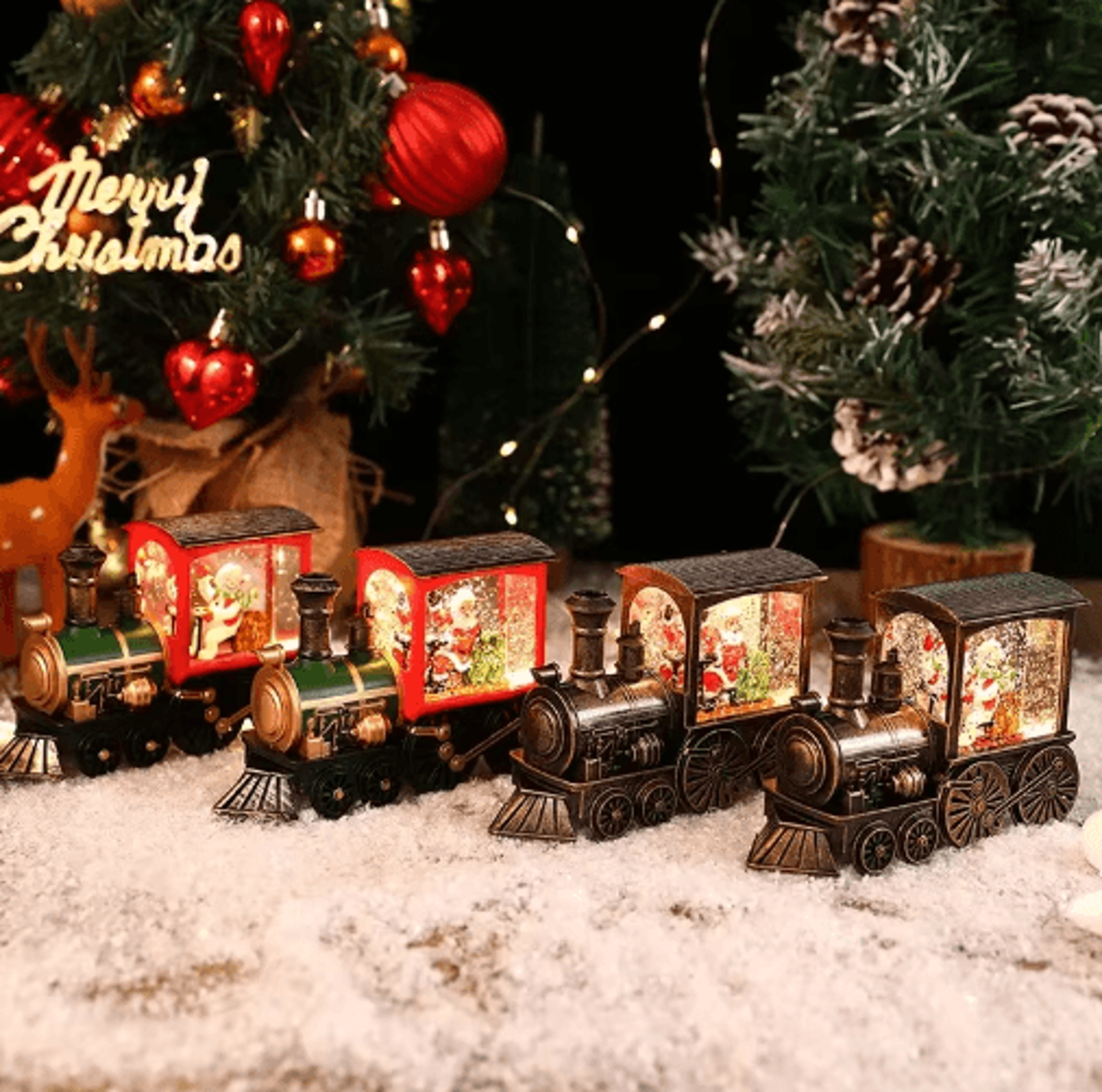led christmas crystal ball ornament with santa and train