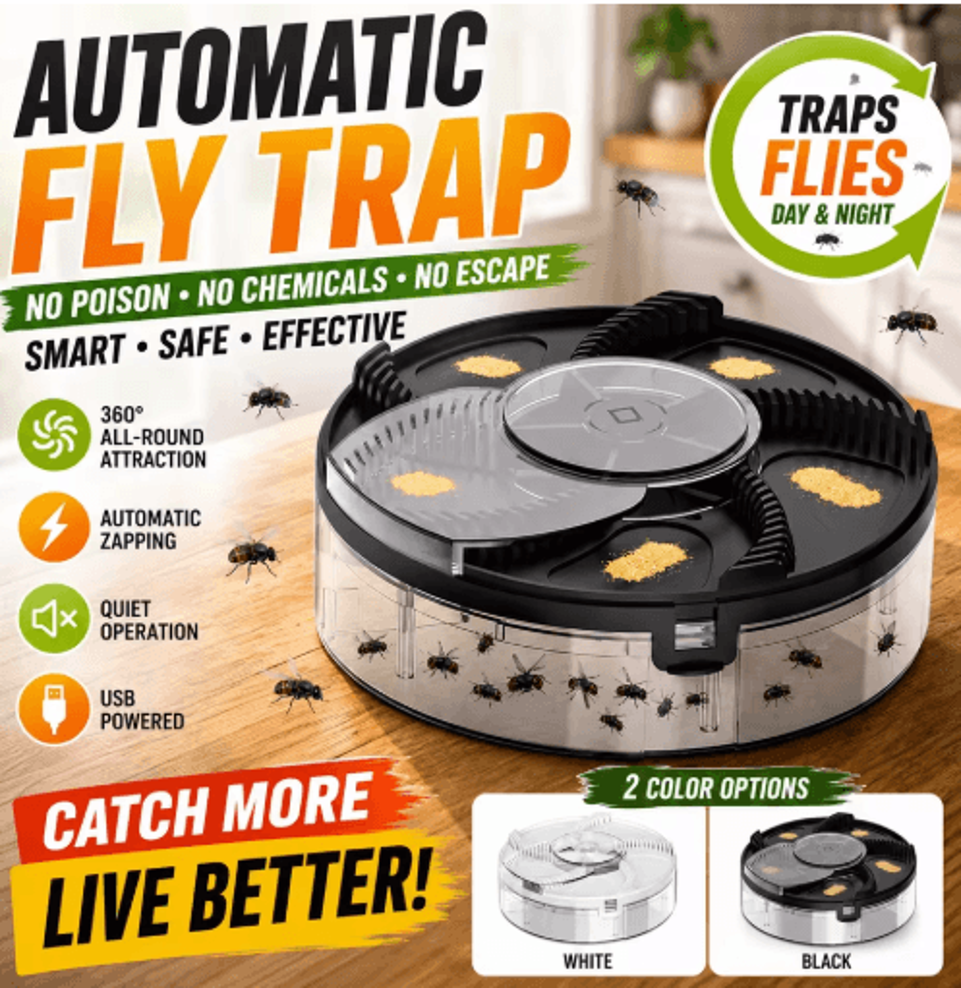 usb automatic 360° fly trap for home and kitchen
