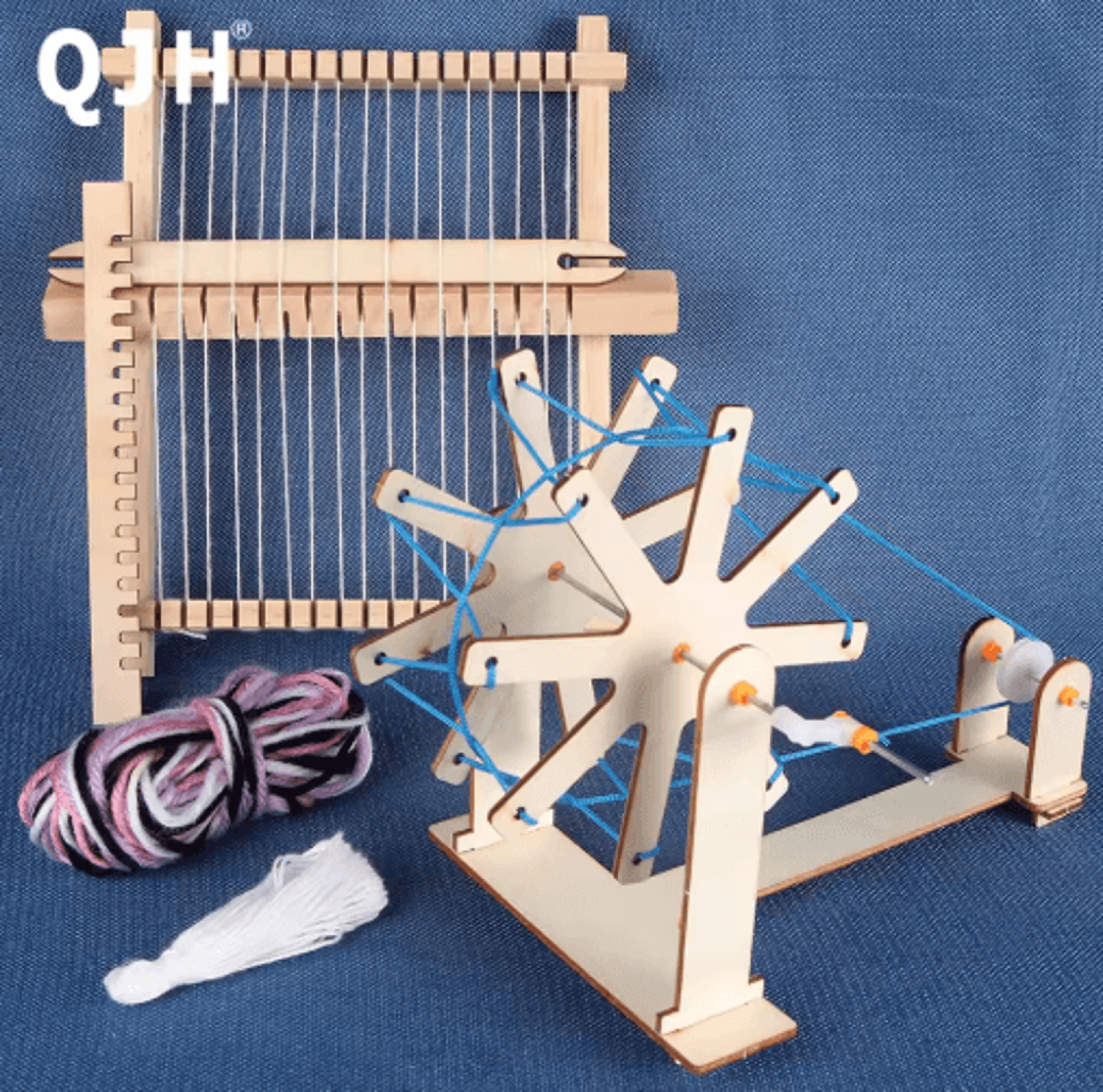 mini diy wooden weaving loom & spinning wheel set