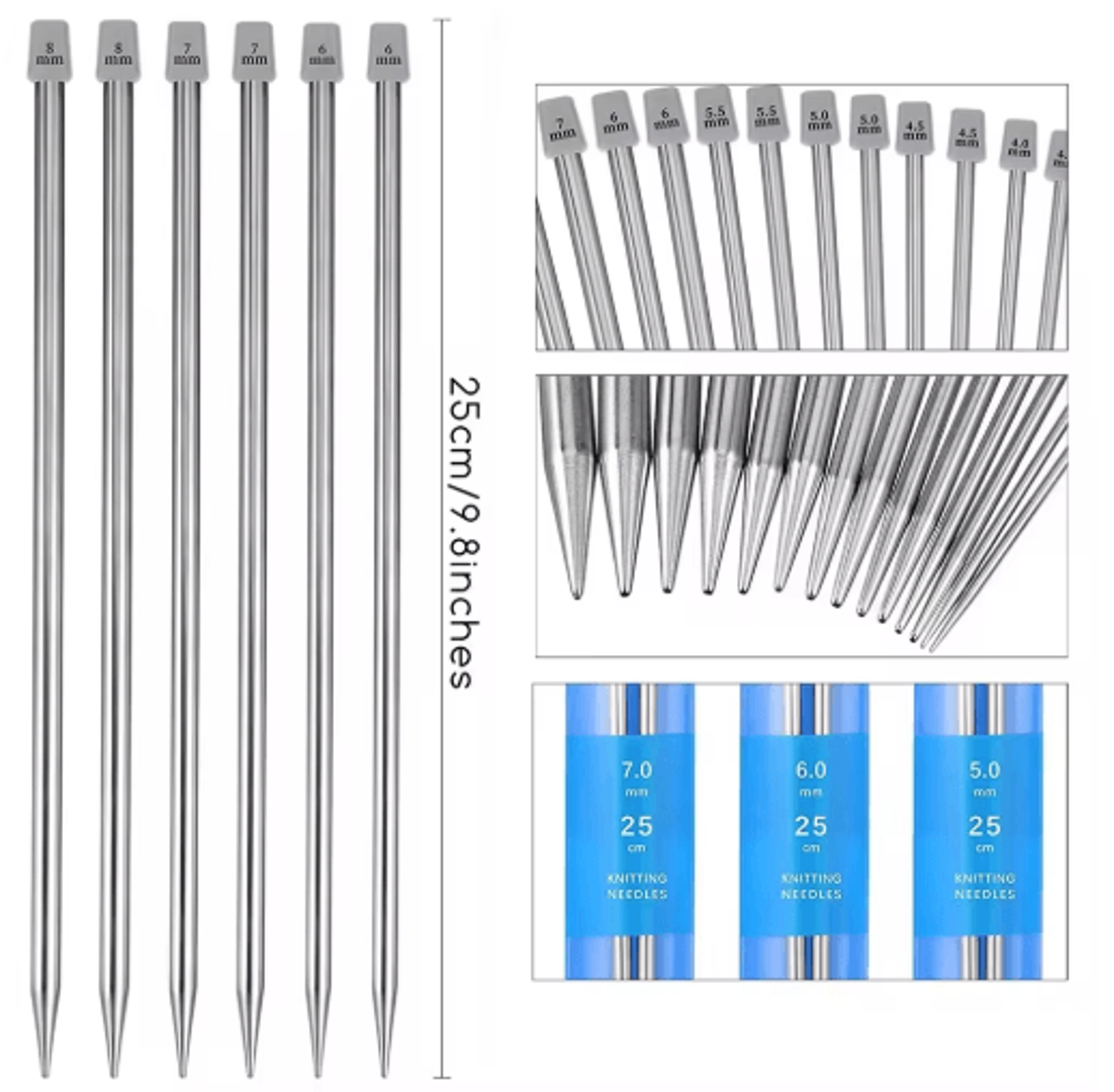 22pcs stainless steel straight knitting needle set