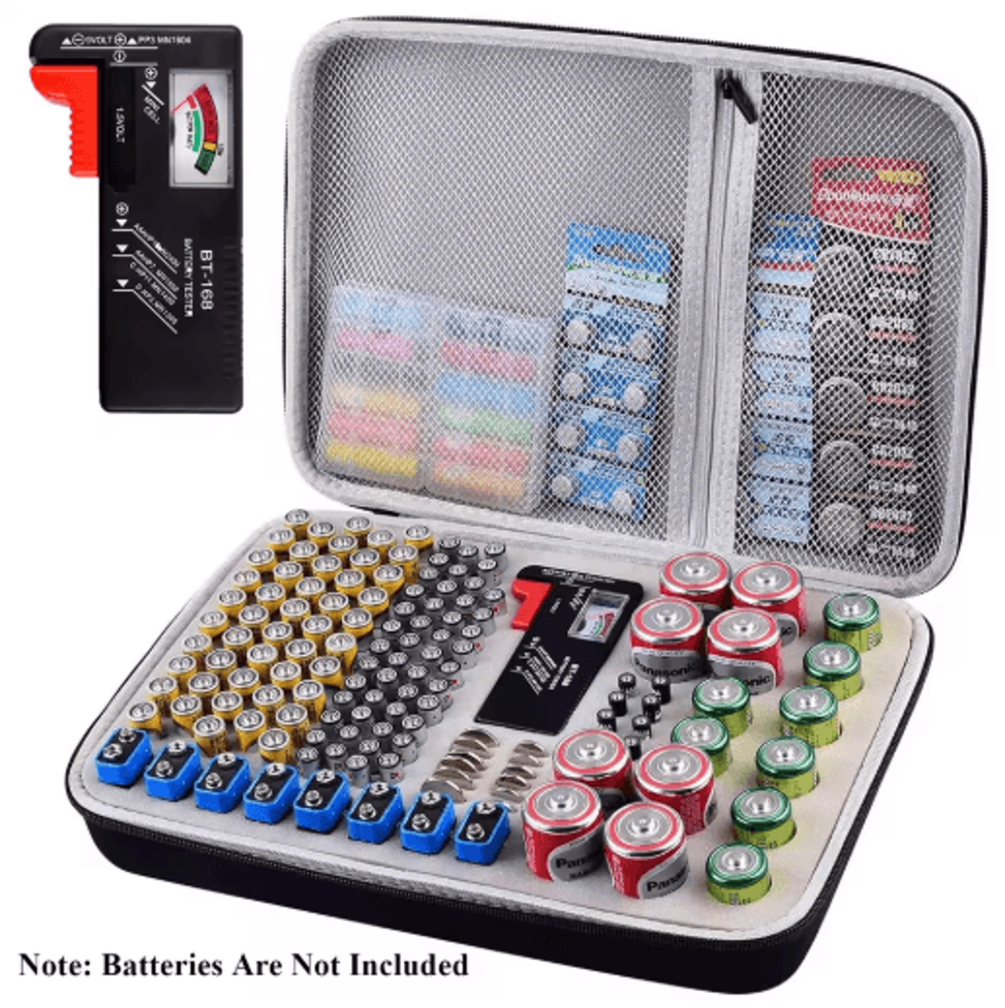 225-slot battery organizer storage case with bt-168 tester