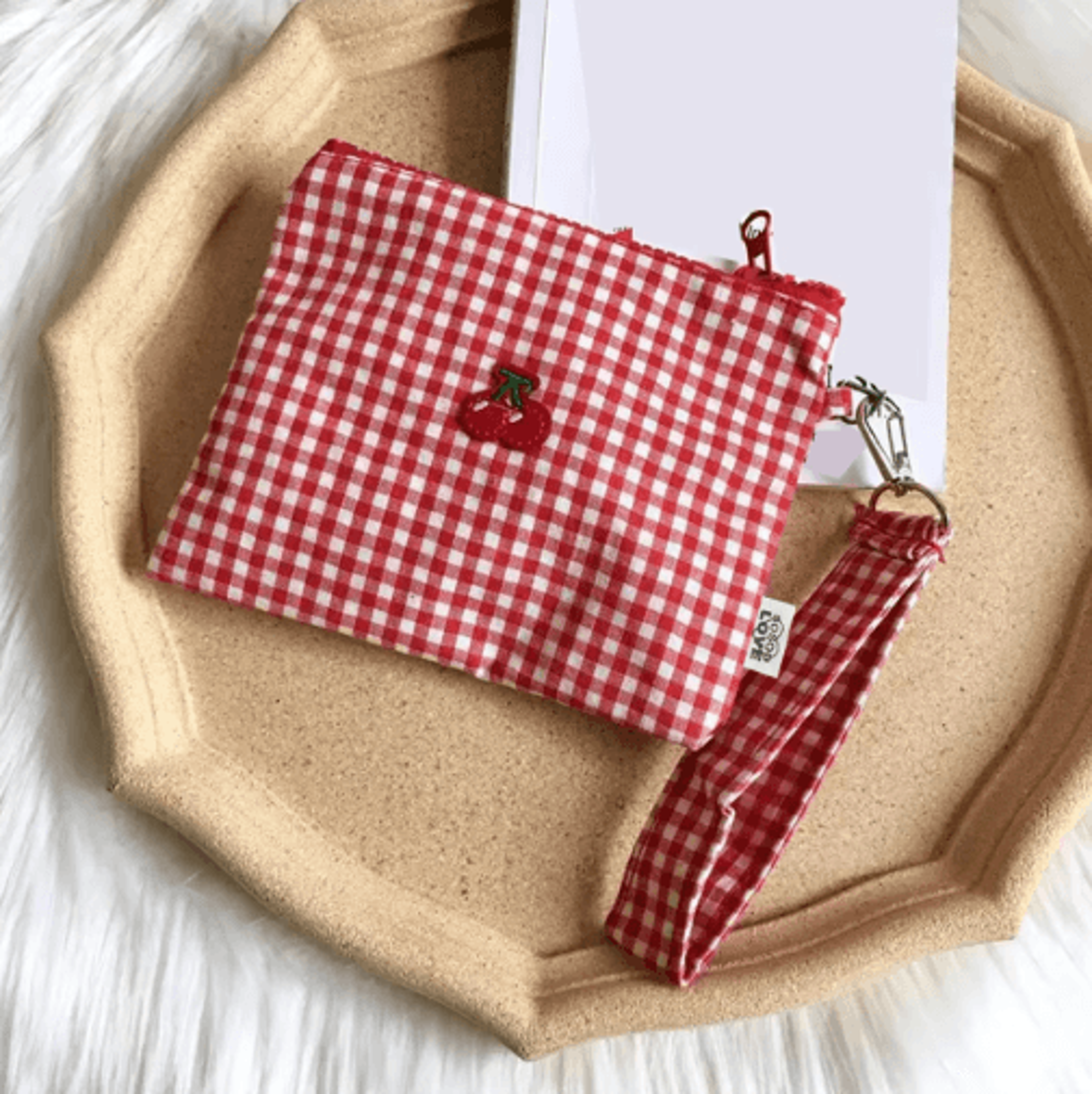red cherry canvas makeup bag – large capacity plaid cosmetic pouch