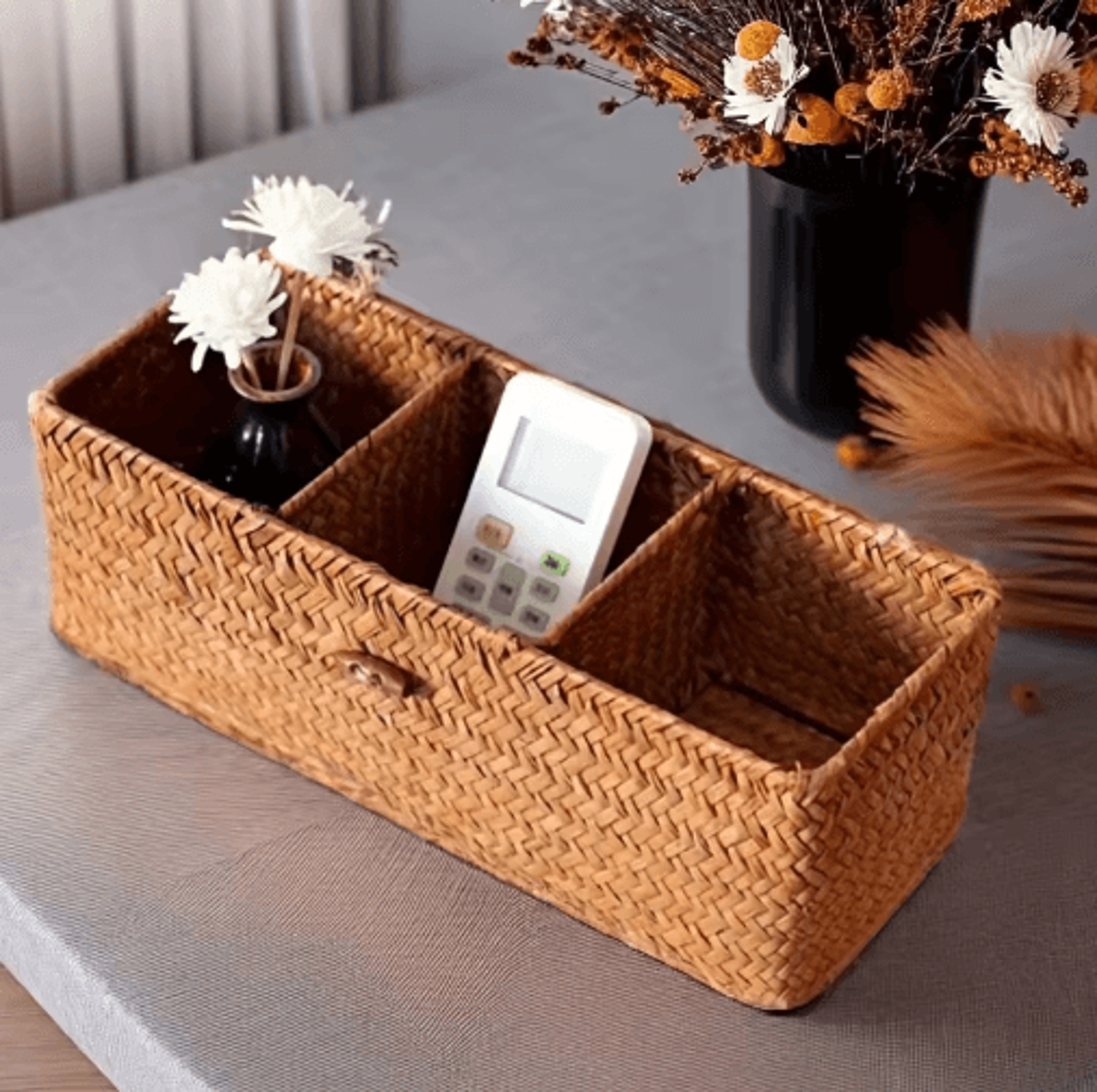 handwoven partitioned storage basket with compartments