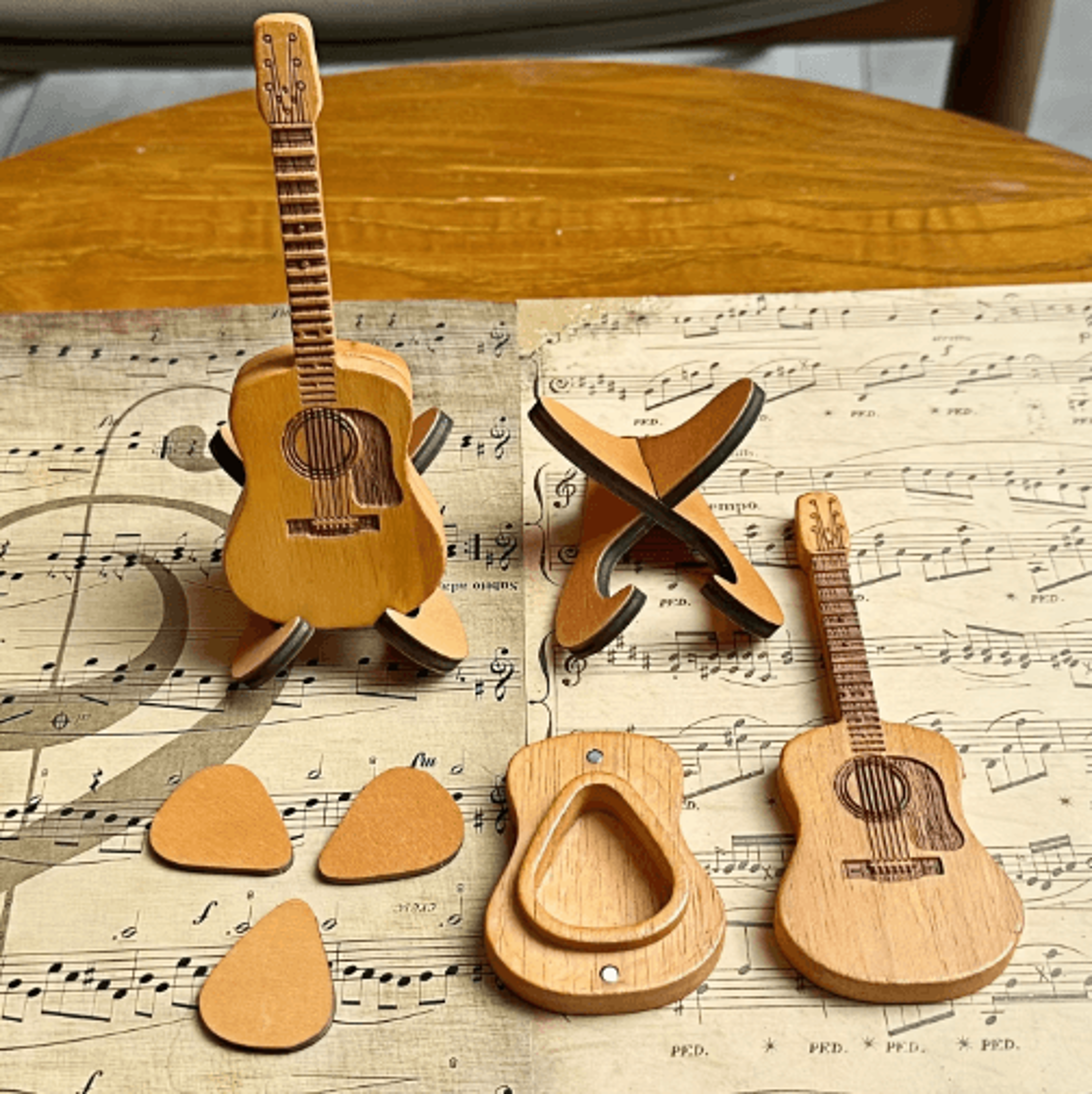 personalized wooden guitar pick box with 3 engraved picks
