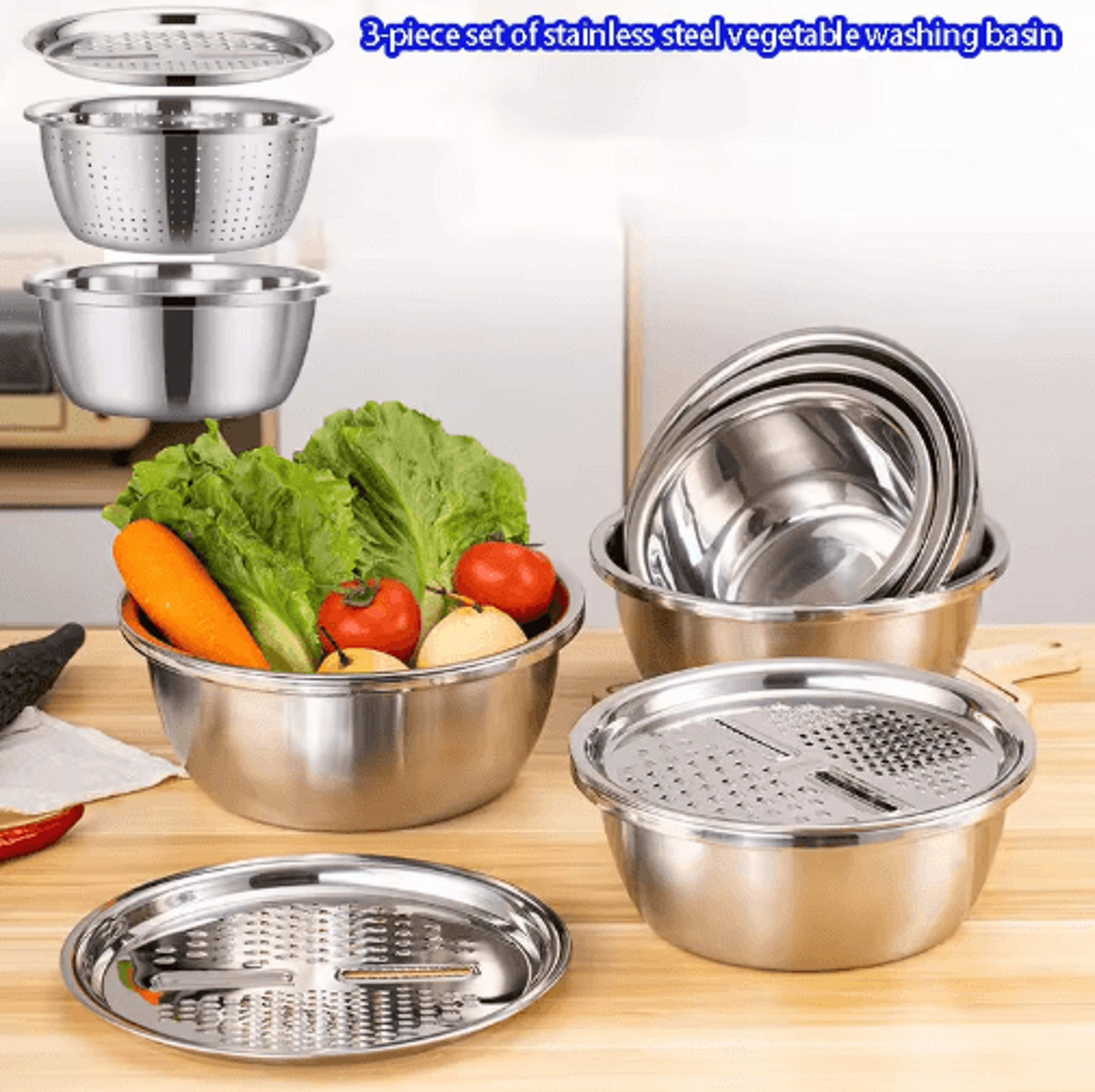 3-piece stainless steel strainer & mixing bowl set