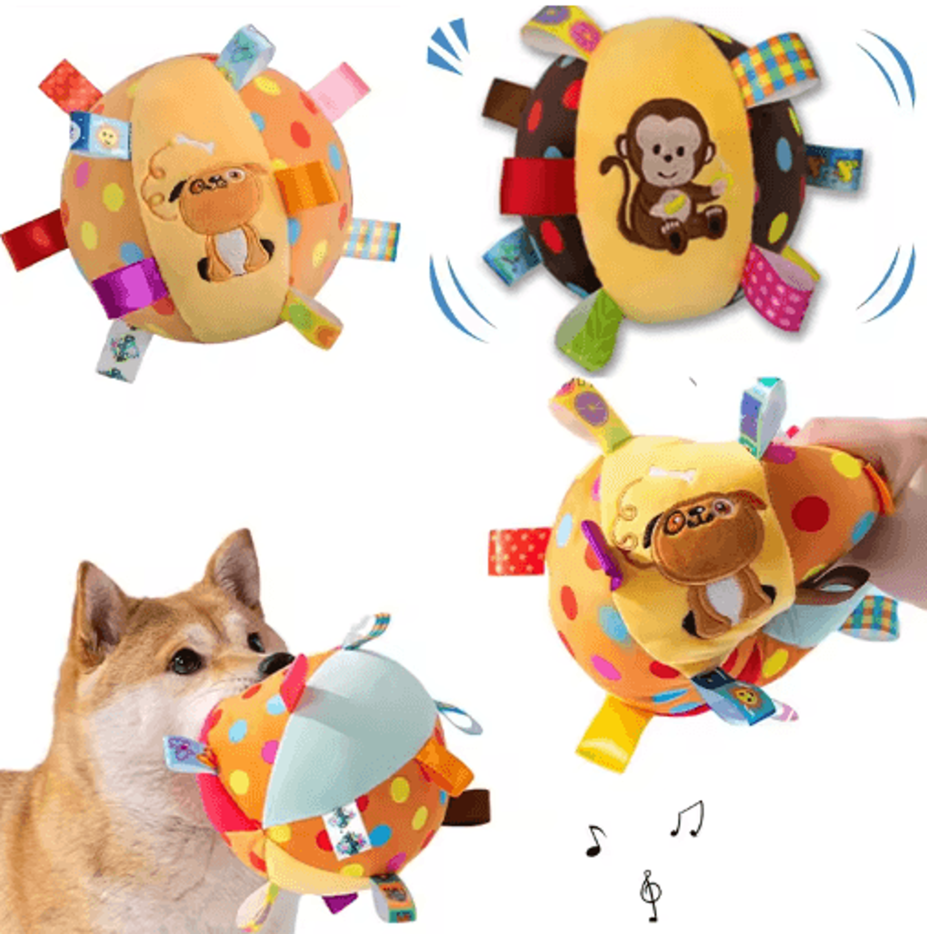 interactive dog ball toy with plush handle & bell