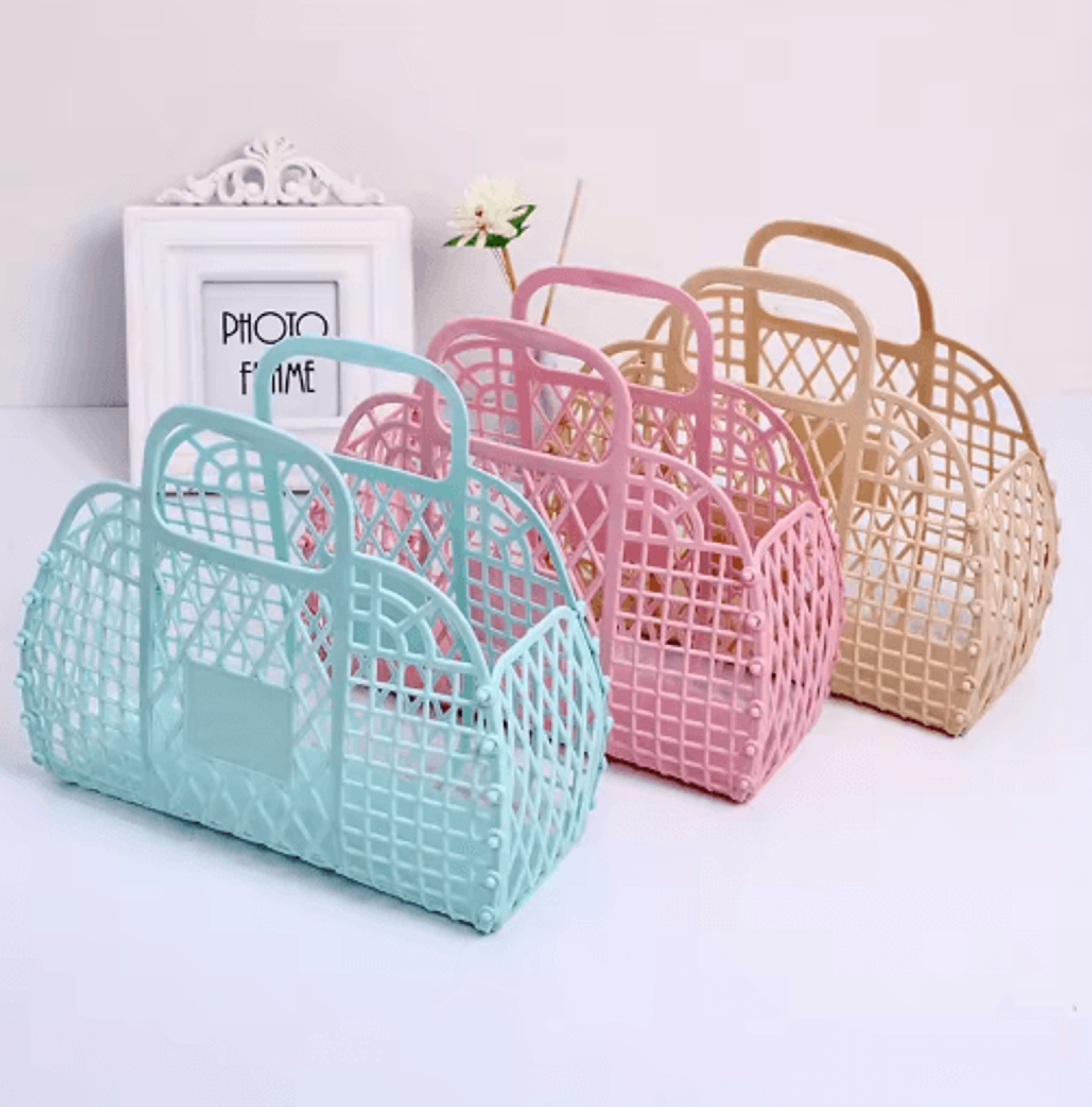 collapsible plastic storage basket bag with dual handles