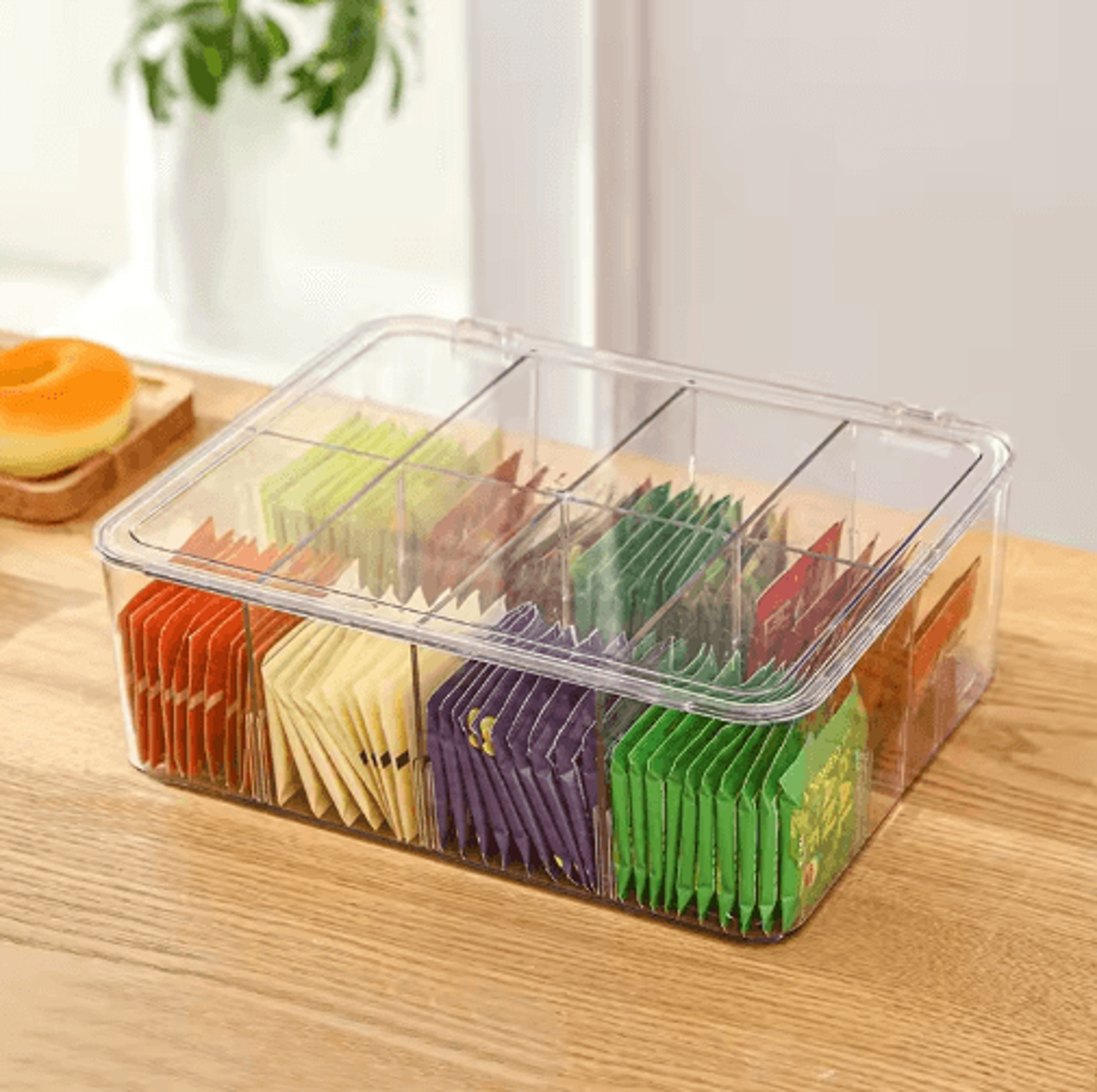 clear acrylic tea bag organizer with lid – multi-compartment tea and coffee storage box