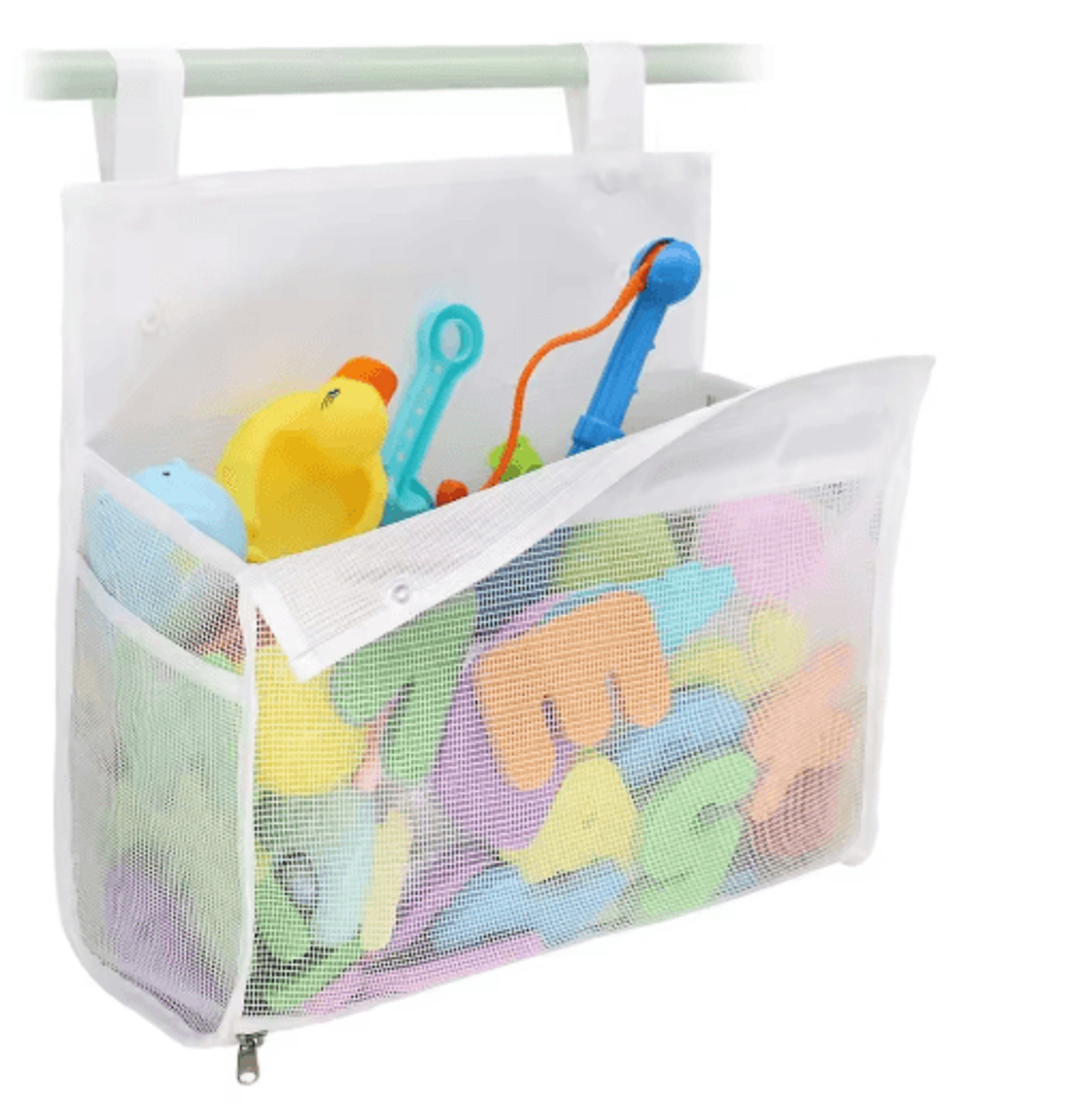 kids hanging bath toy organizer – large open-top bathtub storage bag with zipper