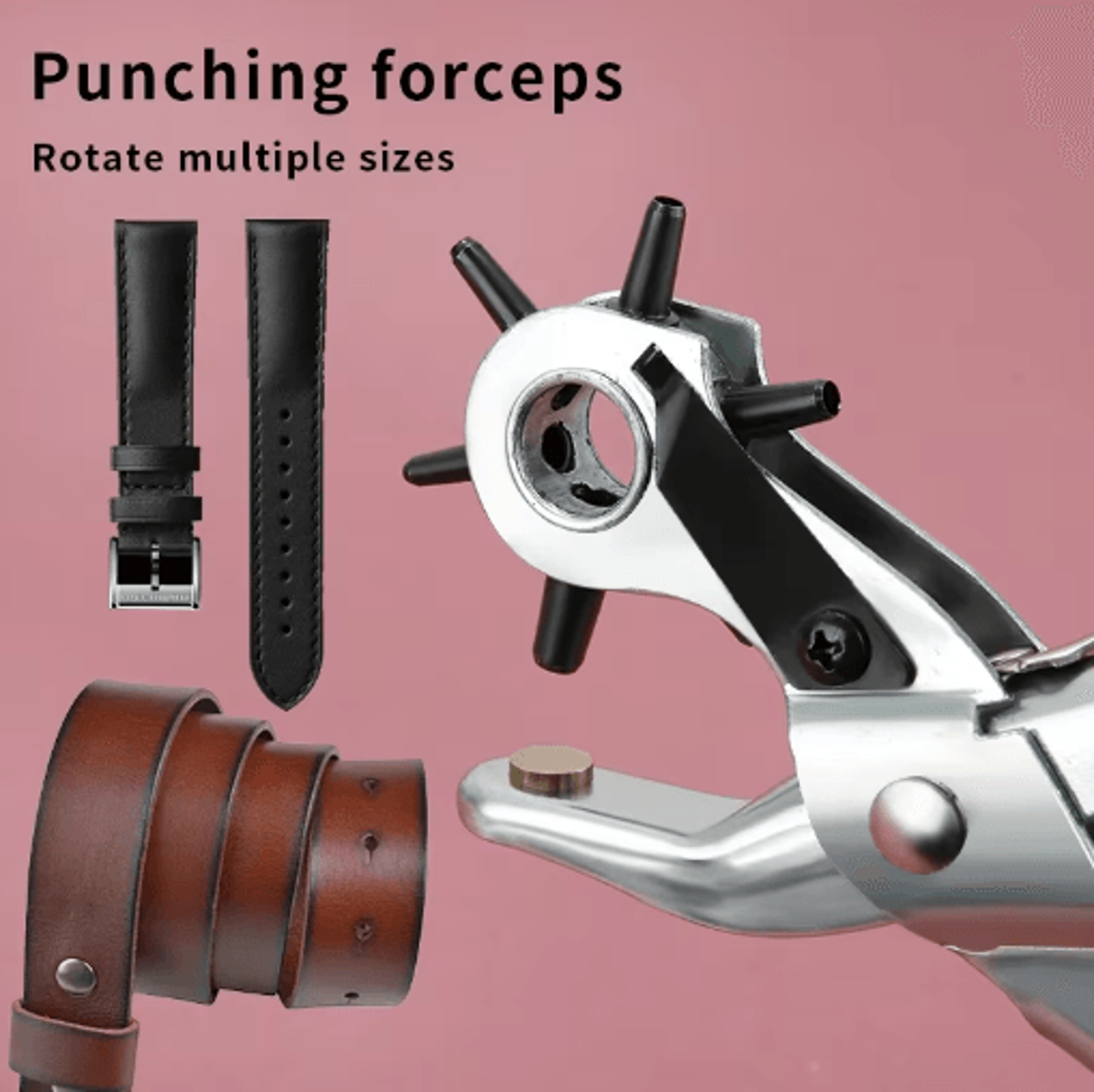9-inch heavy duty leather hole punch – 6-size revolving belt hole puncher