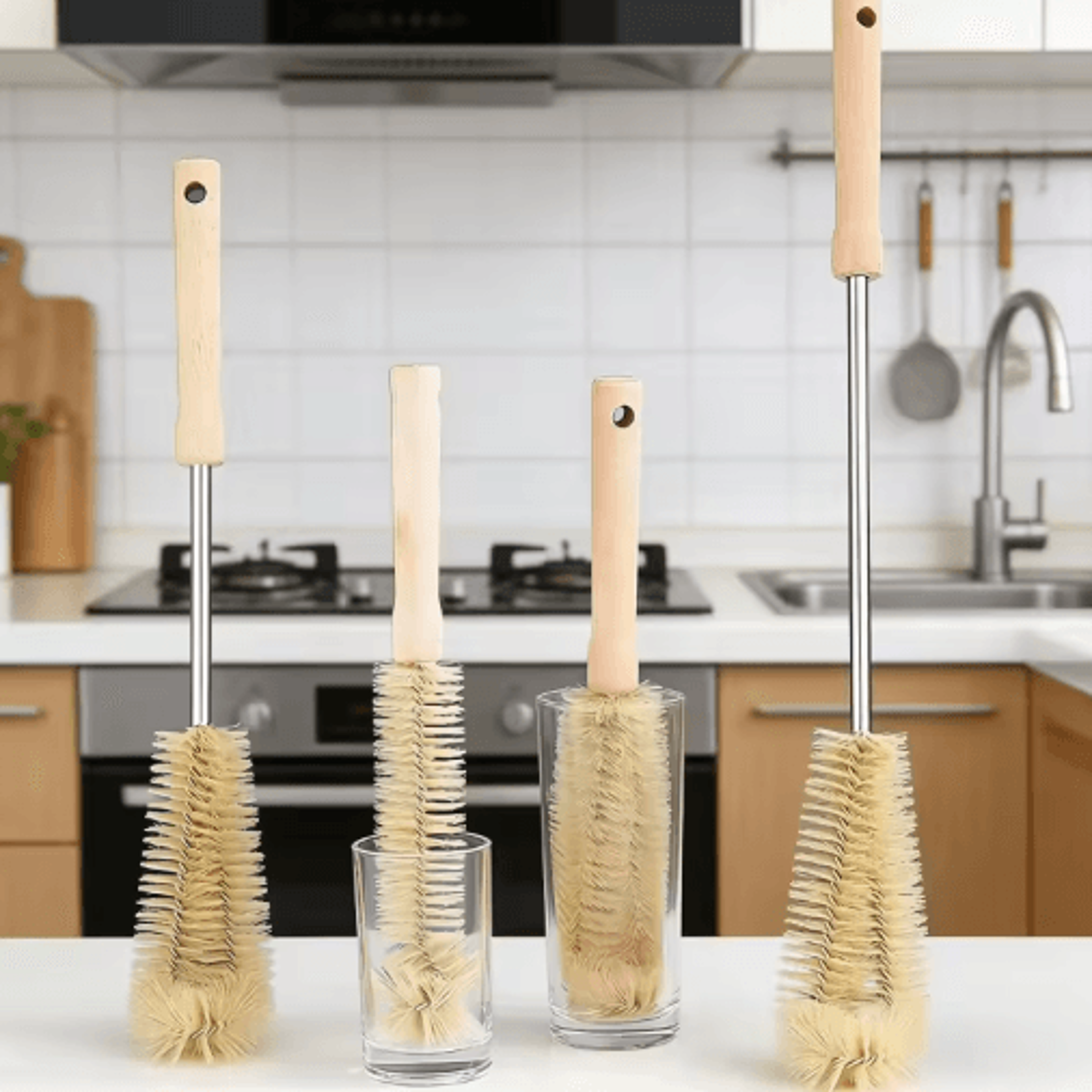 wooden long handle bottle cleaning brush – glass & drink bottle scrubber