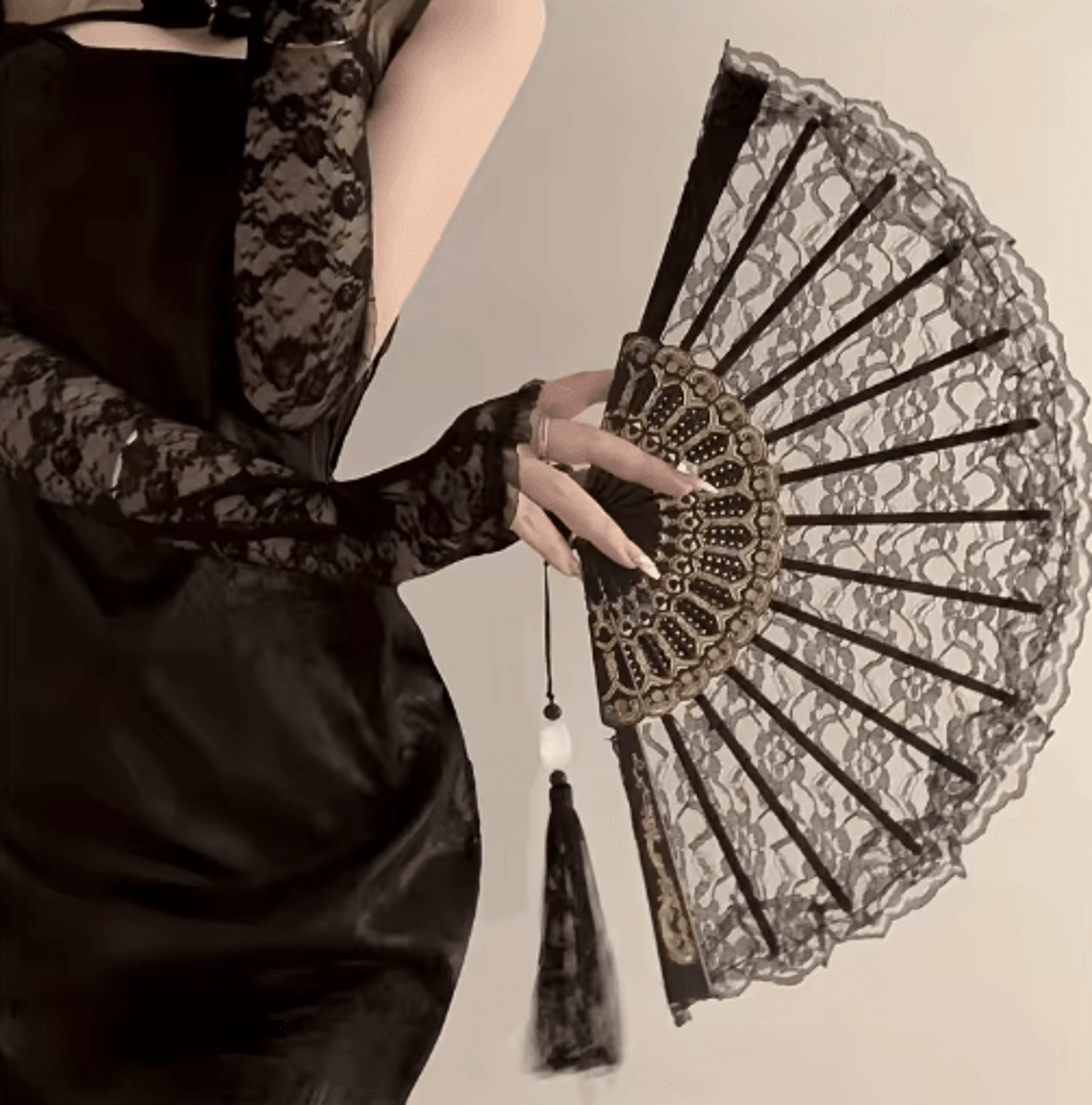 vintage chinese lace fan – floral handheld fan with black & golden tassel