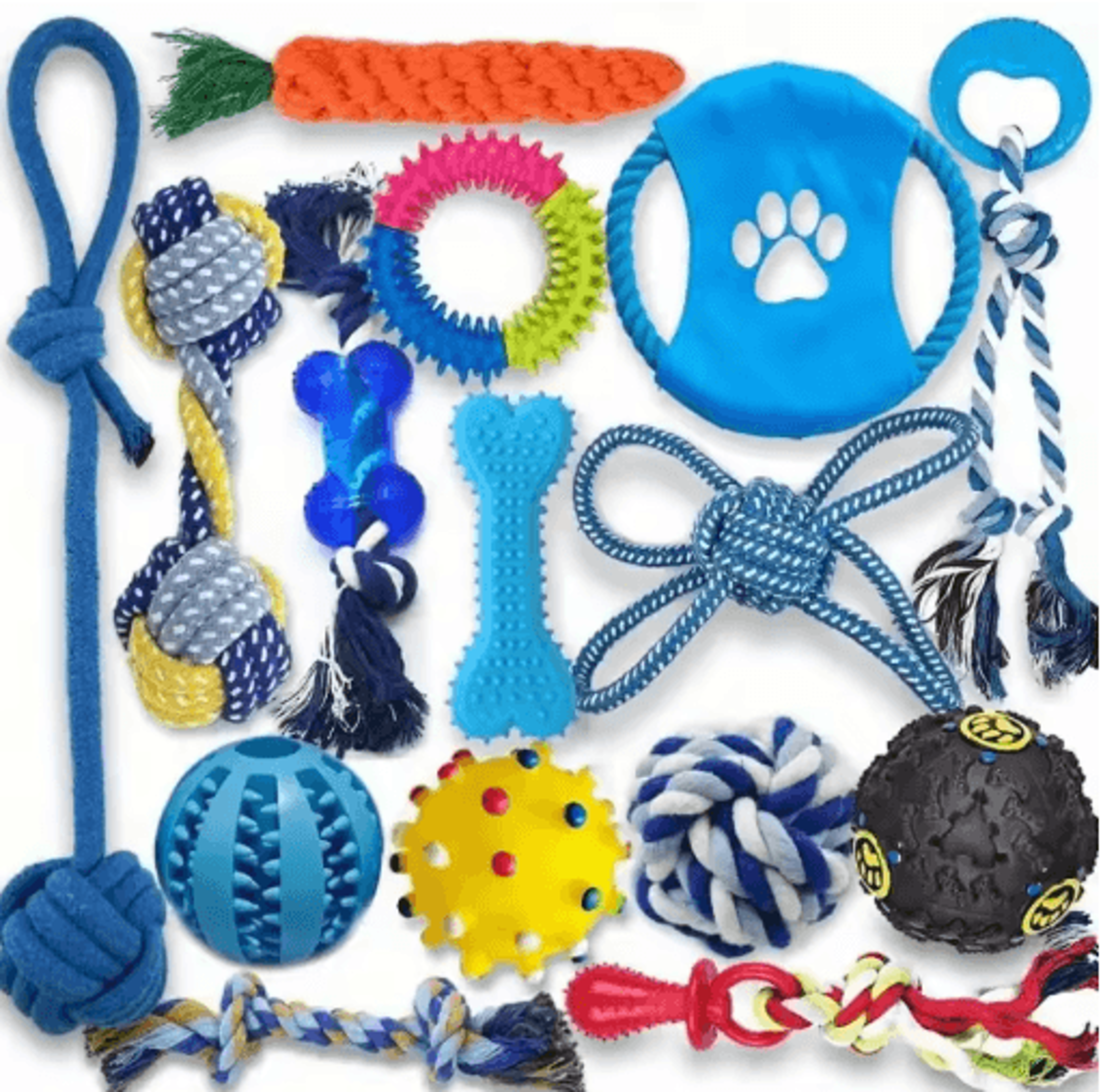 15pcs durable dog chew toy set – rope tug toys, chew sticks & rubber balls
