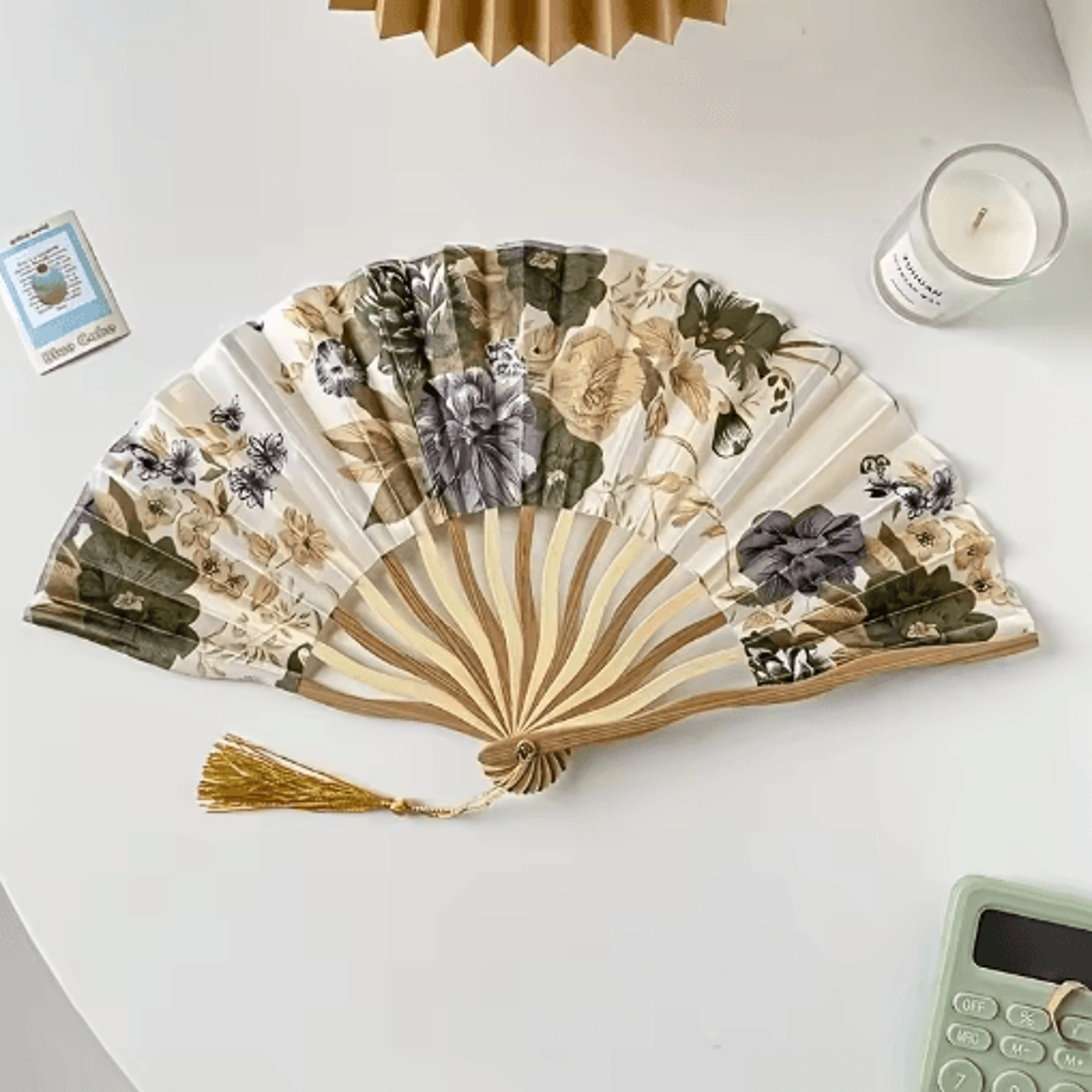 traditional chinese folding fan – bamboo cloth hand fan with floral ink painting & tassel