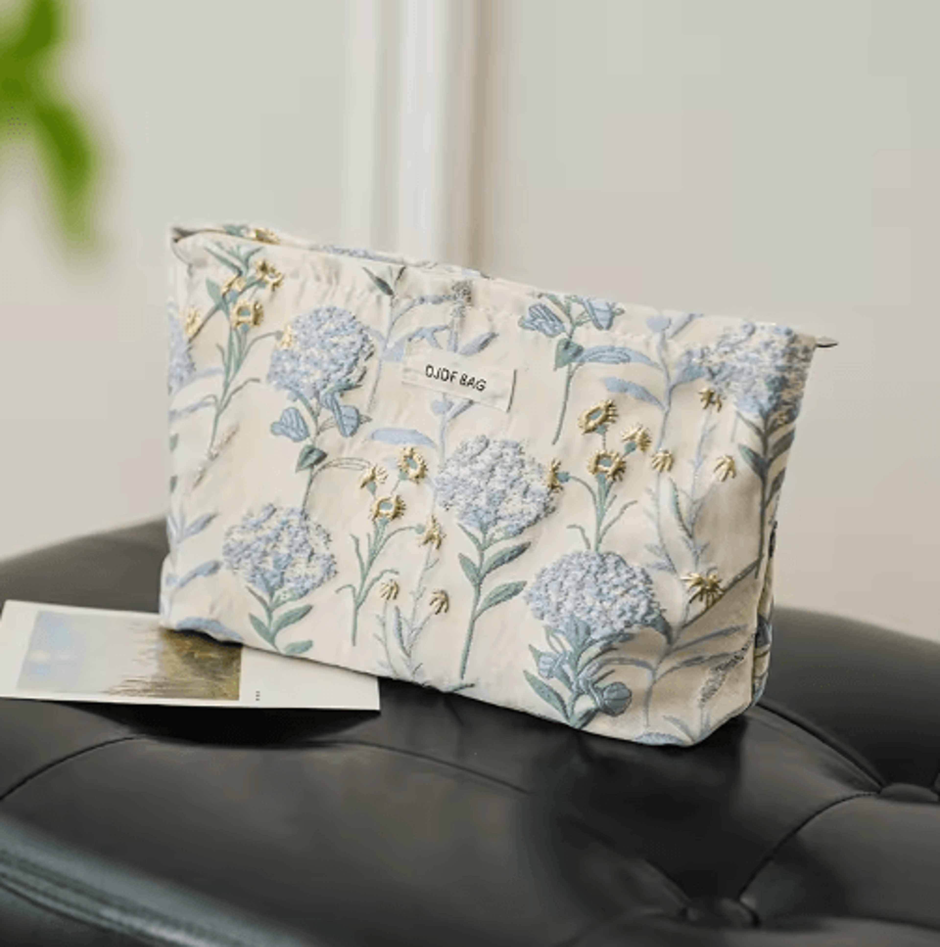 blue bouquet canvas makeup bag – large capacity travel toiletry organizer