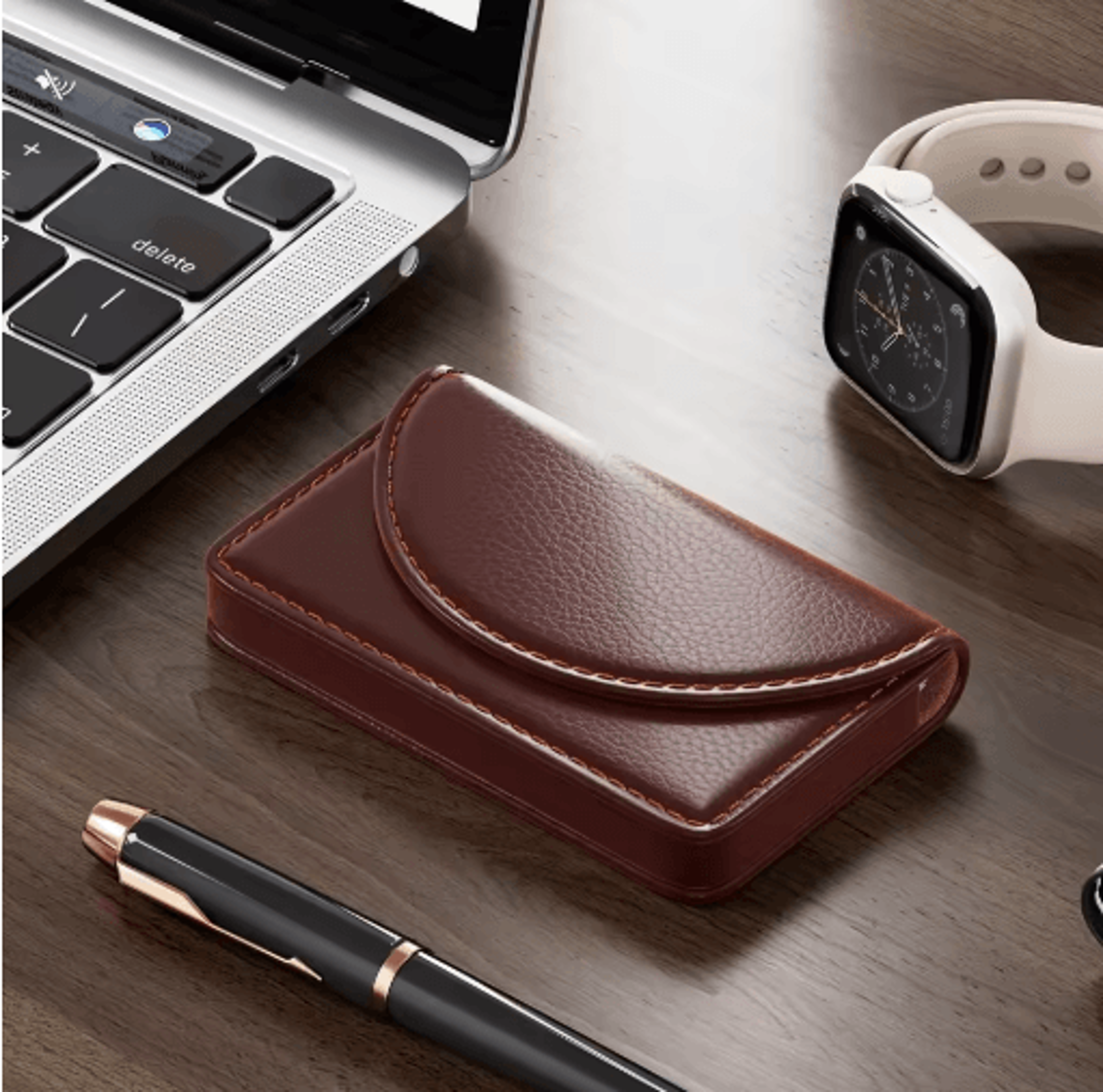 luxury lychee leather business card holder – magnetic desktop card organizer