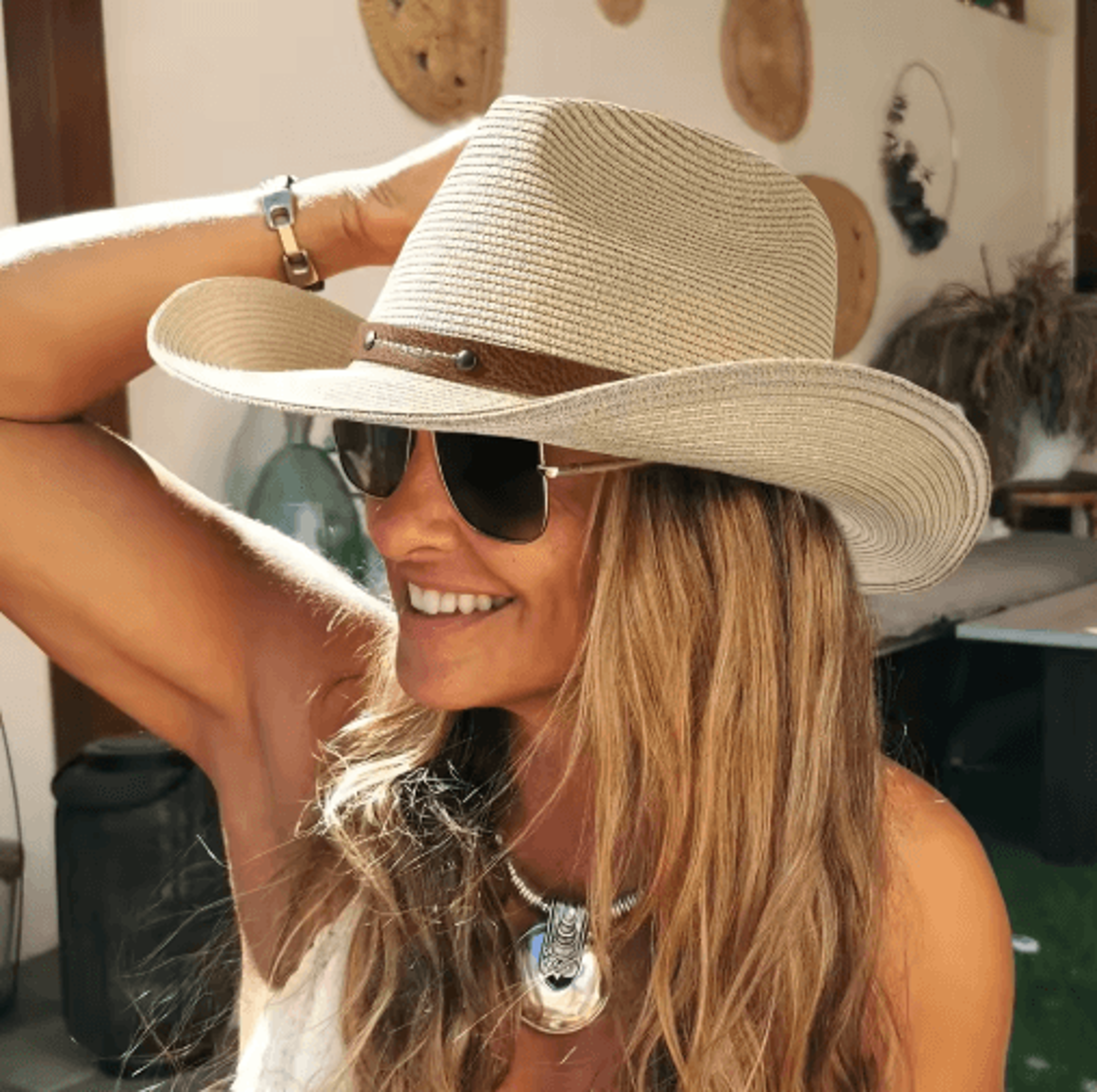 foldable wide brim straw cowboy hat – unisex western sun hat with wind lanyard